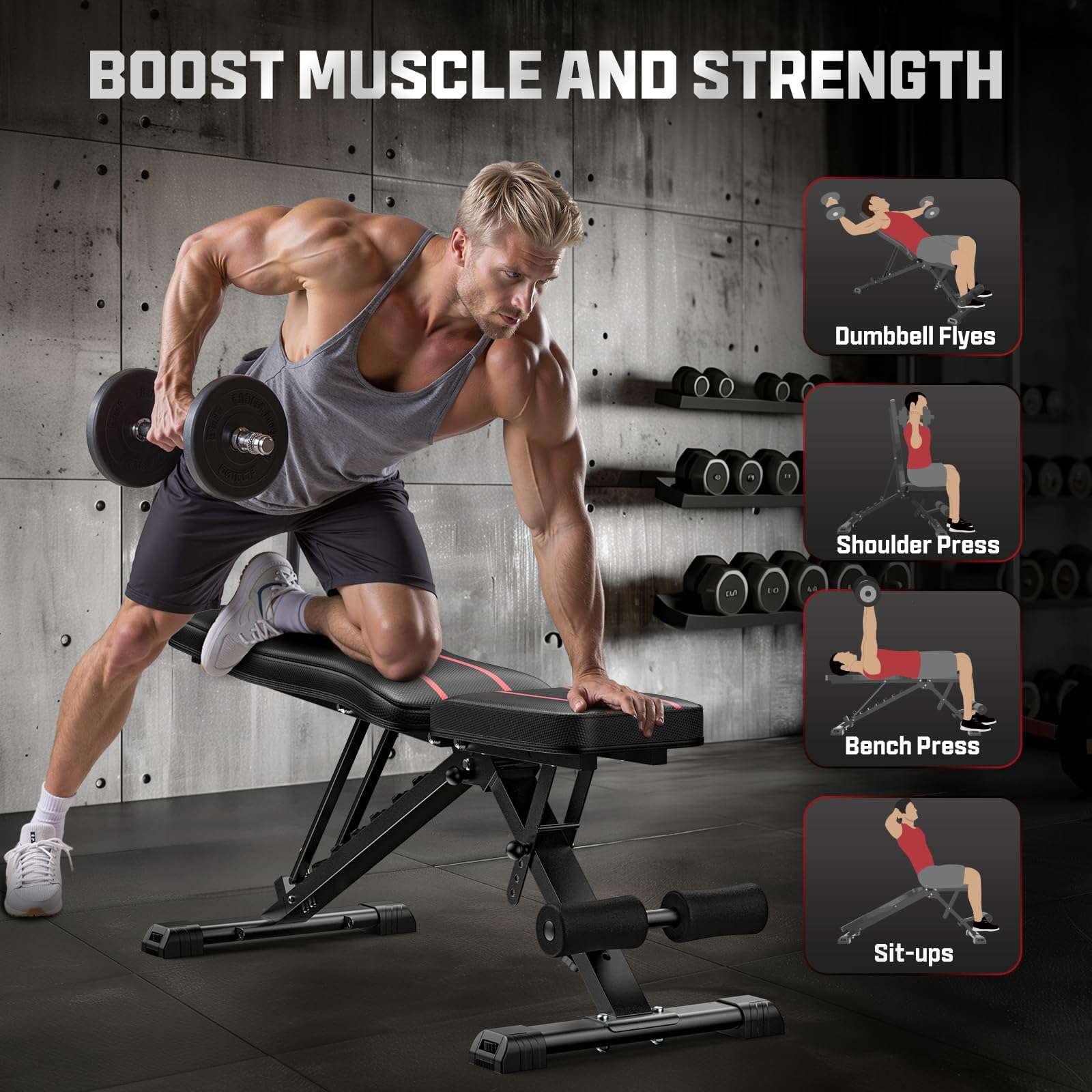 FLYBIRD Adjustable Bench,Utility Weight Bench for Full Body Workout- Multi-Purpose Foldable Incline Bench (Black) - Image 3