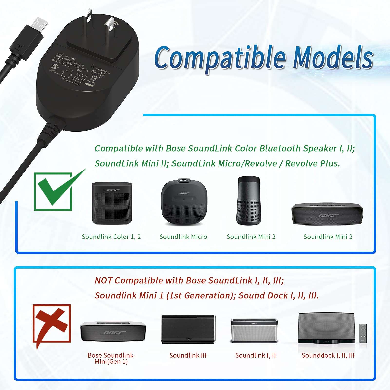TPLTECH 5V AC Adapter Charger for Bose Soundlink Color I, II 2 / Mini II 2 / Revolve/Revolve Plus Bluetooth Speaker, QuietComfort 35 20 Headphones Micro 6.5FT USB Cable Charging Cord [UL Listed] - Image 2