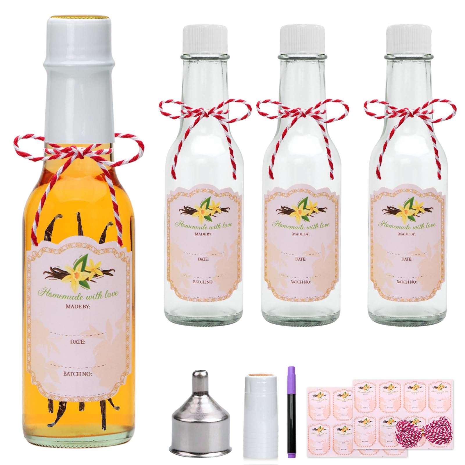 Hot Sauce Bottles 5 oz, Clear Woozy With Shrink Capsules, Small Wine Making With Lids for Bottling, Empty 5oz Glass Vanilla Extract With White Caps Set of 4 - Image 1