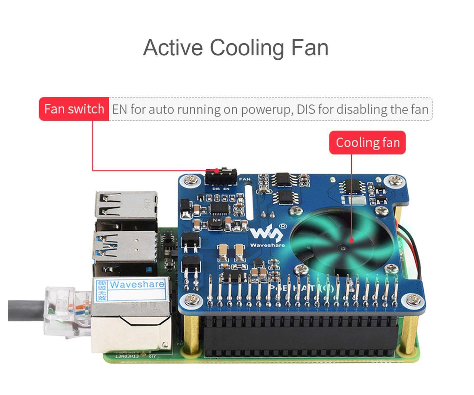 waveshare Power Over Ethernet (PoE) HAT for Raspberry Pi 4B/3B+, 802.3af/at PoE Network Standard, 5V USB-A&12V Header Outputs, PoE HAT Onboard Cooling Fan and MP8676 Buck Chip, Isolated - Image 6
