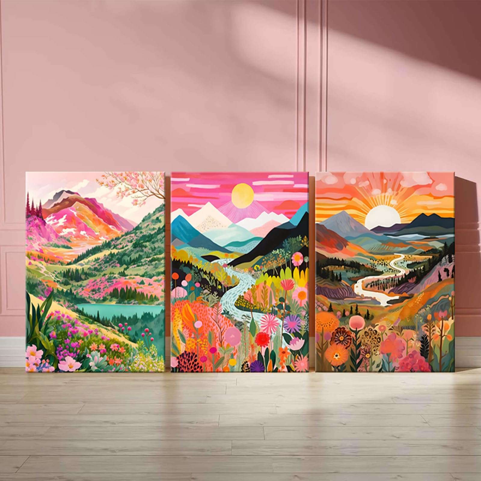 3Pcs Colorful Watercolor Mountain Canvas Wall Art Boho Floral Painting Picture Wall Decor Abstract Nature Landscape Poster Print Artwork for Living Room Bedroom Bathroom Office Home Decoration - Image 3