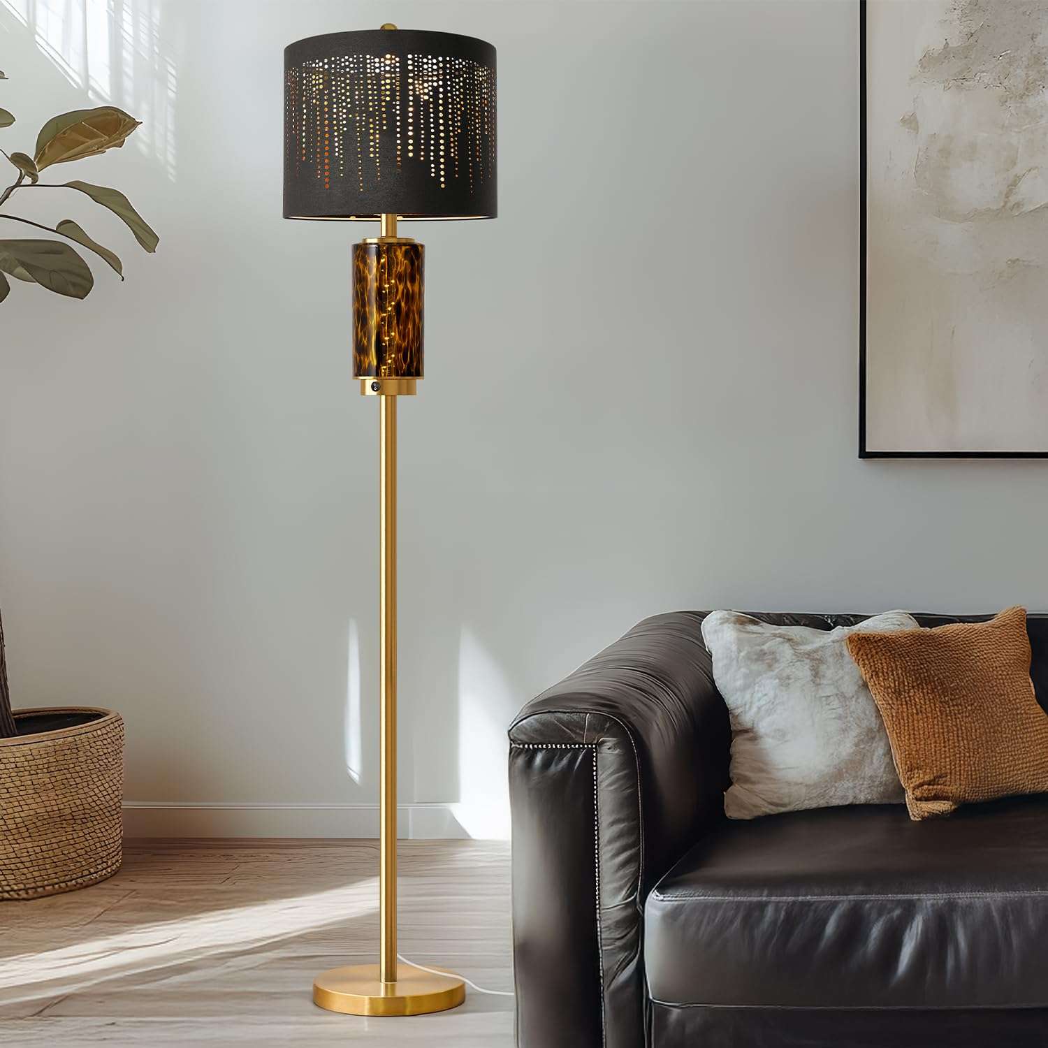 Oneach 63.75" Floor Lamp for Living Room, Modern Gold Lamp with LED Leopard Glass Night Light, Vintage Standing Lamp, Black Lampshade, Unique Luxury Tall Lamp for Bedroom Home Office(Bulb Included) - Image 2