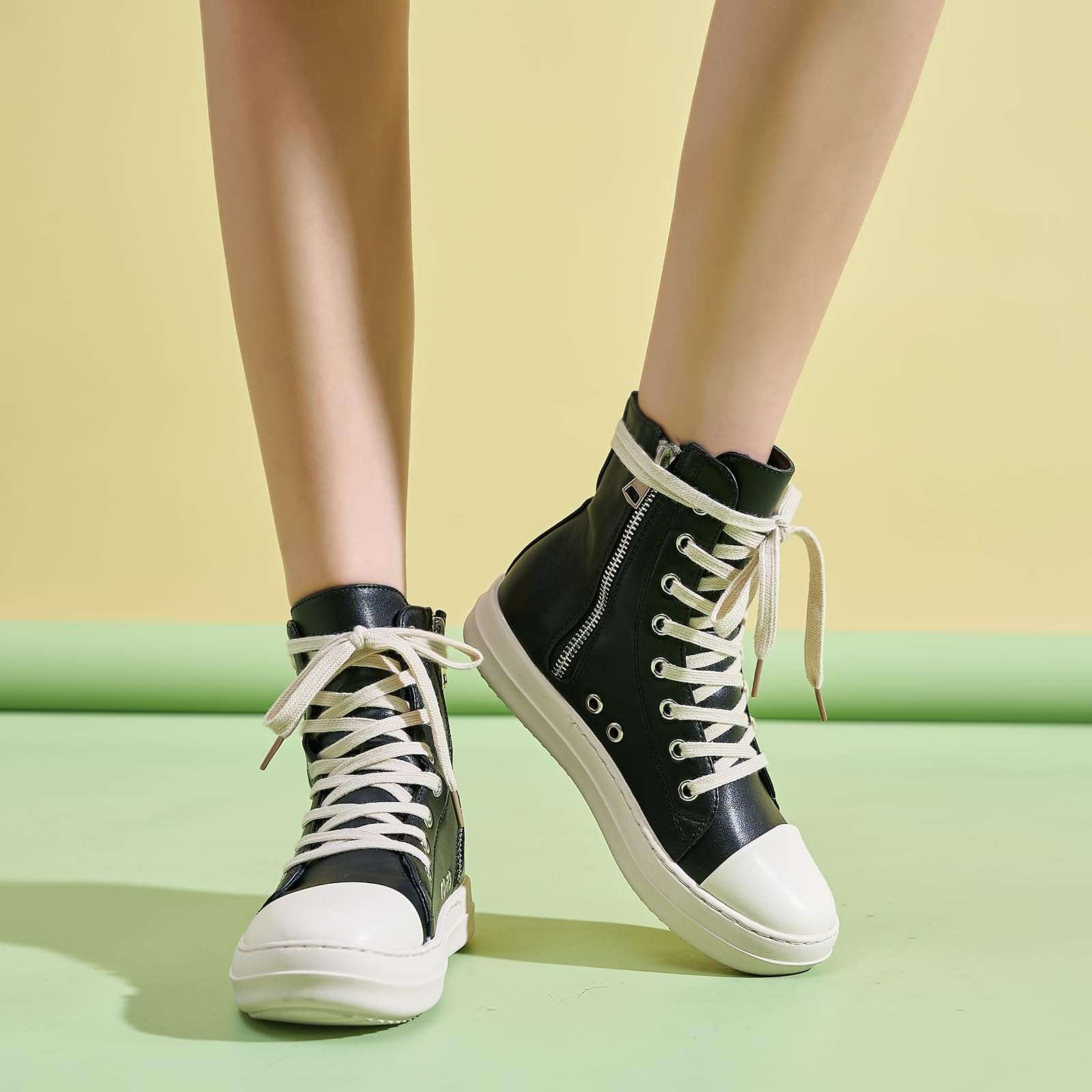Kluolandi Women's High Top Sneakers Lace Up Canvas Shoes with Zipper Comfort Platform Walking Shoes in Black and White - Image 3