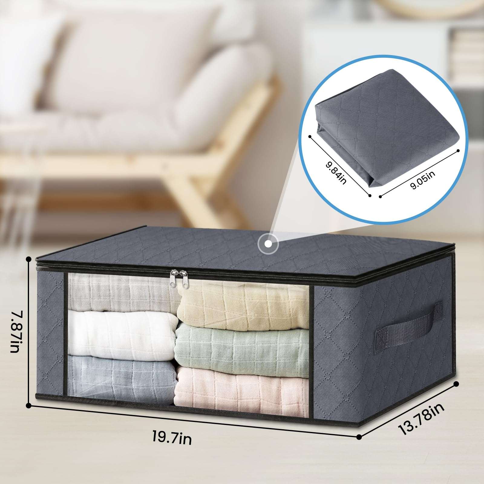 HomeHacks Storage 3-Pack Clothes Organizer Storage Bags Foldable Storage Box with Large Clear Window Sturdy Handles for Closet, Dorm, Pillows, Bedding, Clothes, Blankets, 35L, Gray - Image 3