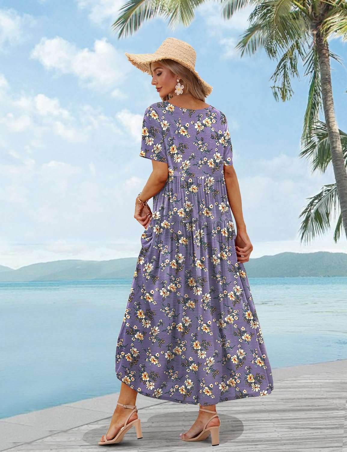 YESNO Women Casual Loose Bohemian Floral Dress with Pockets Short Sleeve Long Maxi Summer Beach Swing Dress EJF - Image 4