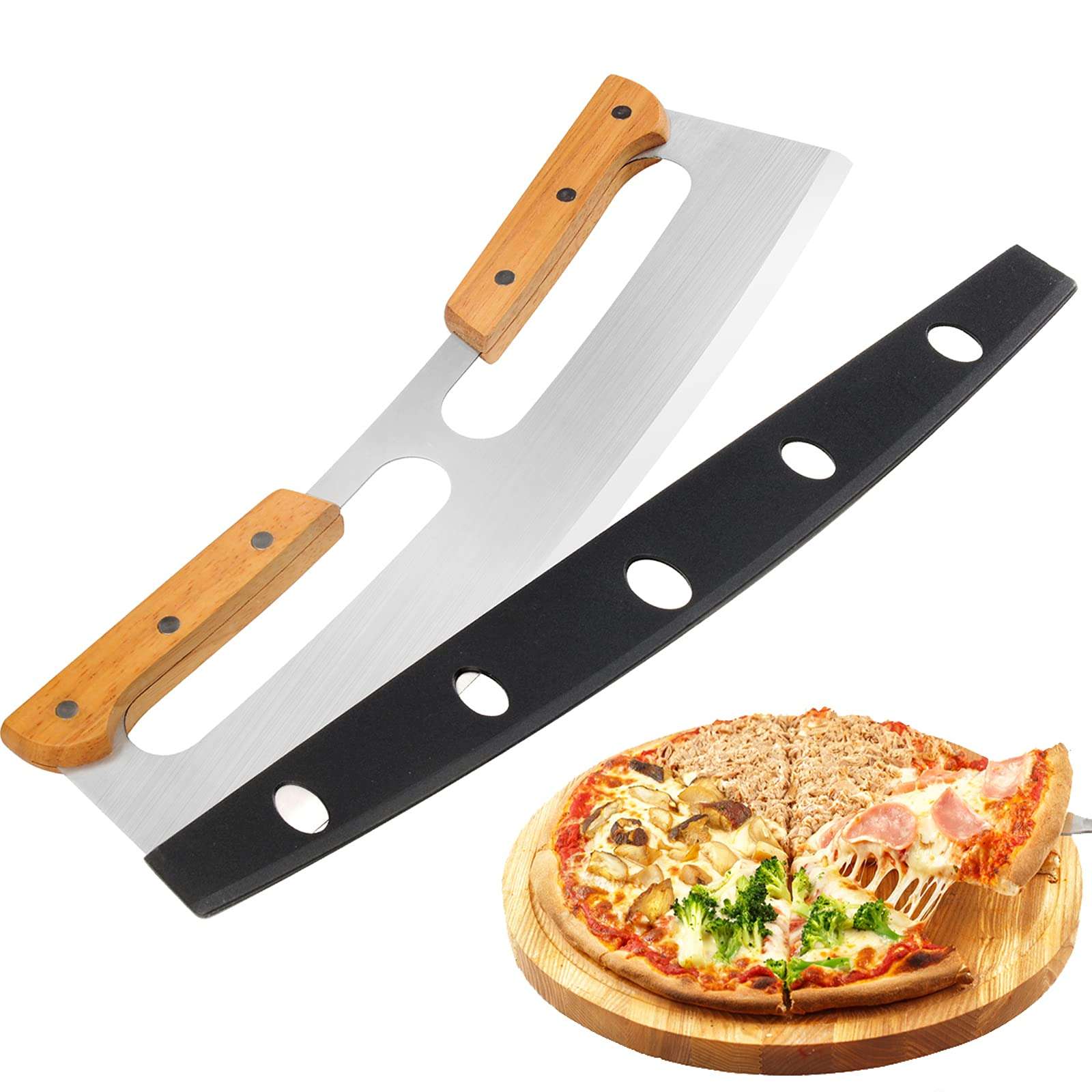 Pizza Cutter Rocker with Wooden Handles & Protective Cover by Zocy, 14" Sharp Stainless Steel Pizza Slicer Wheel, Big Pizza Knife Cutters for Kitchen Tool (14inch) - Image 1