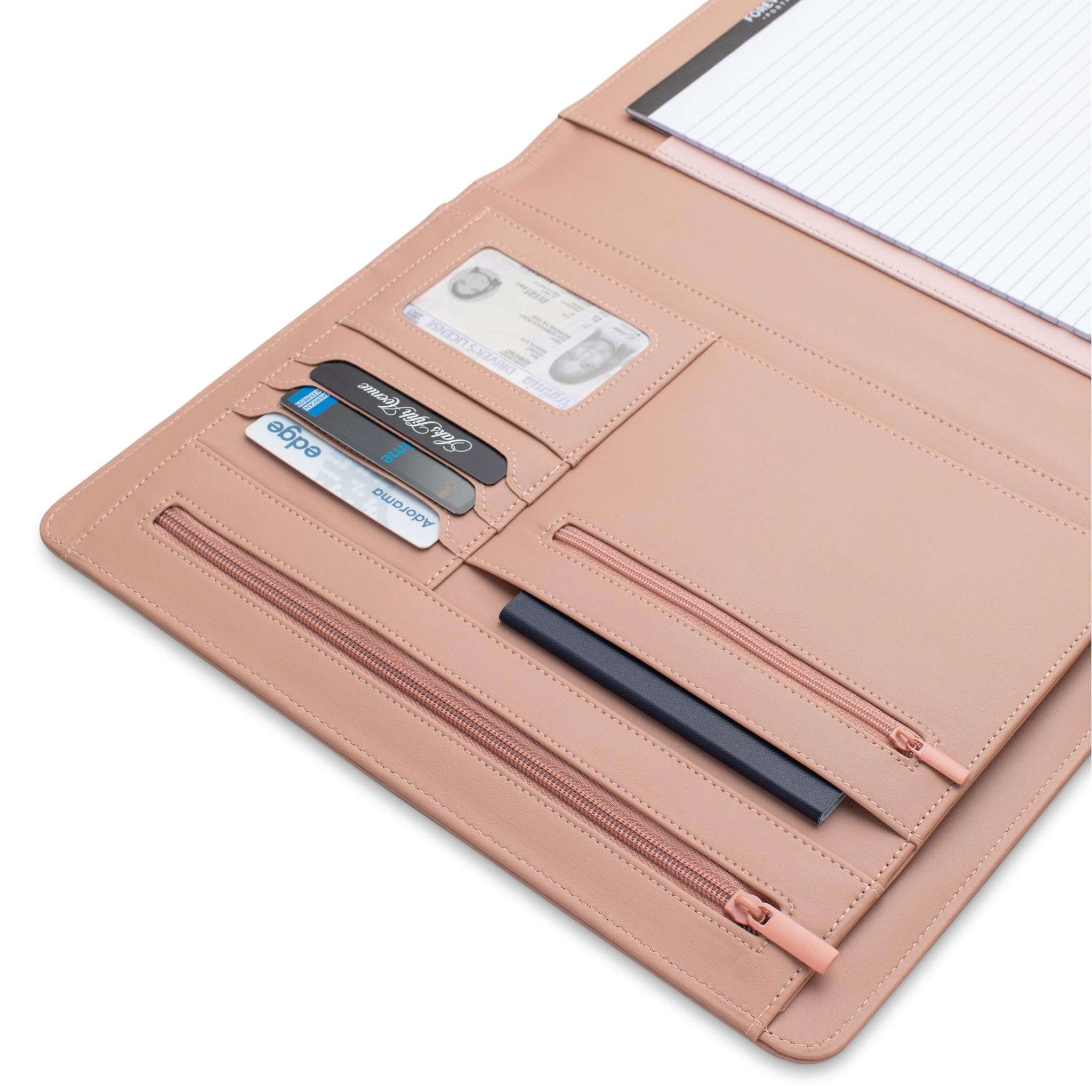 FOREVERMORE PORTFOLIOS Padfolio Binder Organizer for Women | Faux Leather Portfolio Folder for Resume, Documents, Notebook, Tablet and Business Cards | Notepad Included - Pink - Image 4
