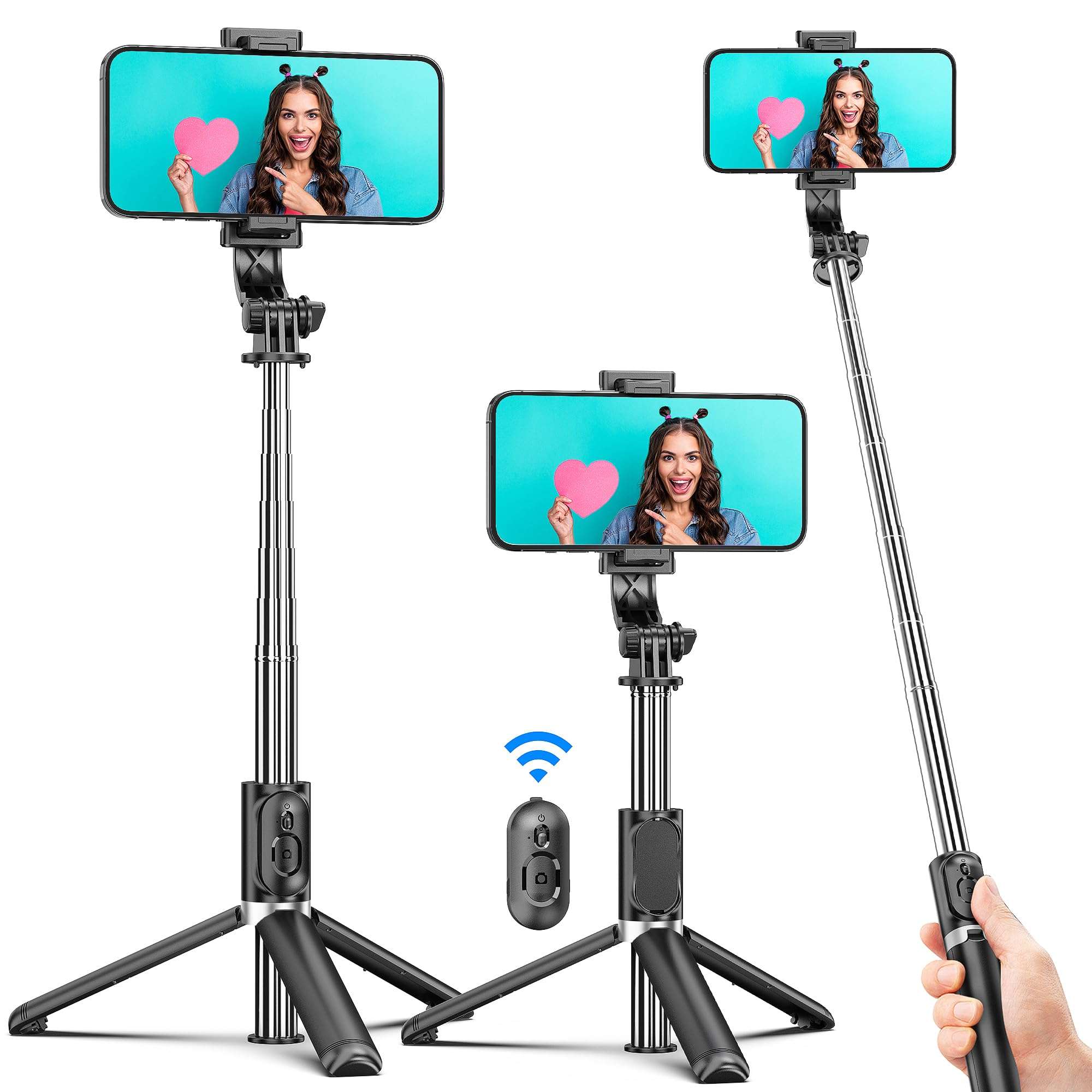 Selfie Stick Tripod, All in One Extendable & Portable iPhone Tripod Selfie Stick with Wireless Remote Compatible with iPhone 16 15 14 13 12 11 pro Xs Max 8 7, Galaxy Note10/S20/S10/OnePlus 9/9 PRO etc - Image 1