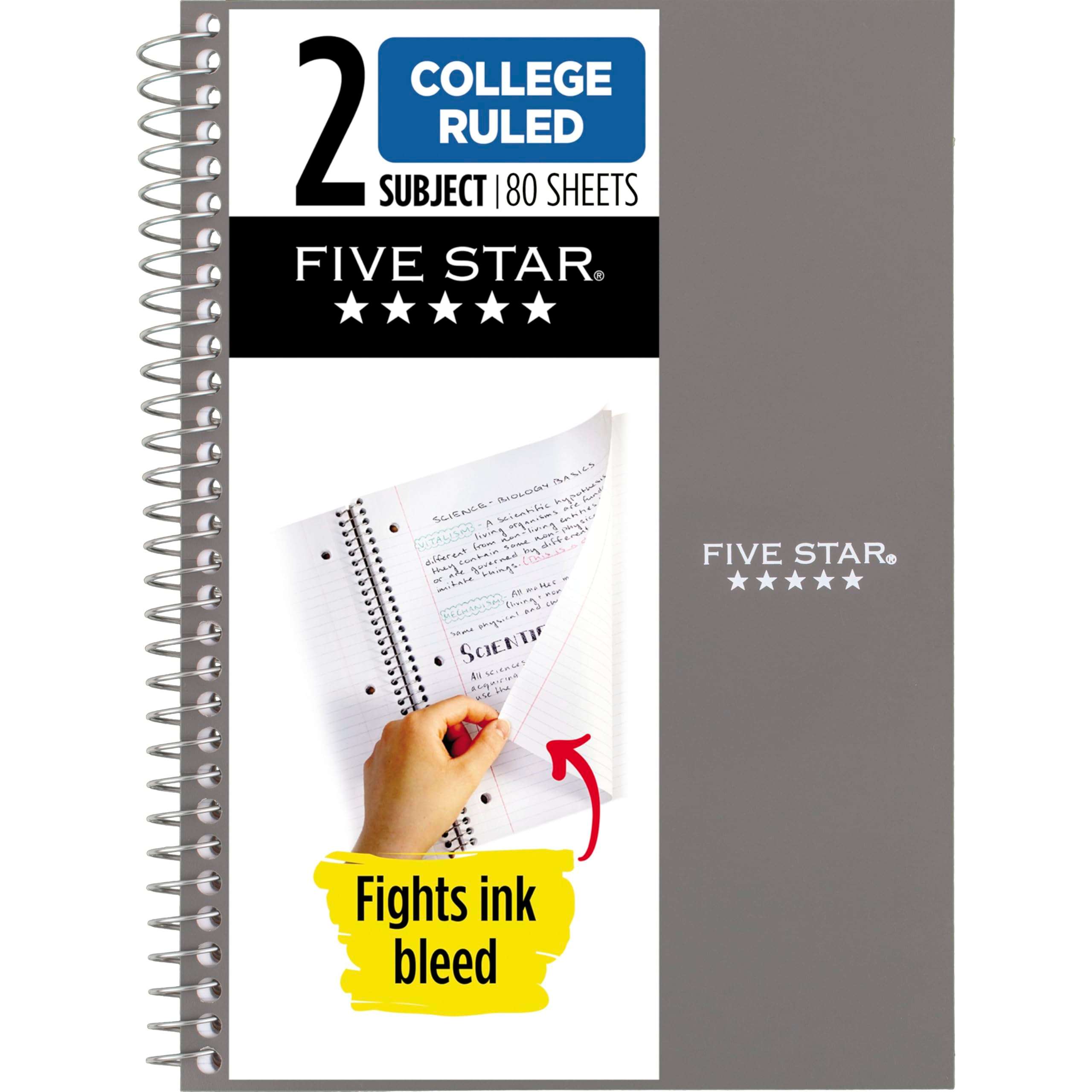 Five Star Spiral Notebook, 2 Subject, College Ruled Paper, 6" x 9-1/2", 80 Sheets, Fights Ink Bleed, Water Resistant Cover, Gray (840029AA3-ECM) - Image 1