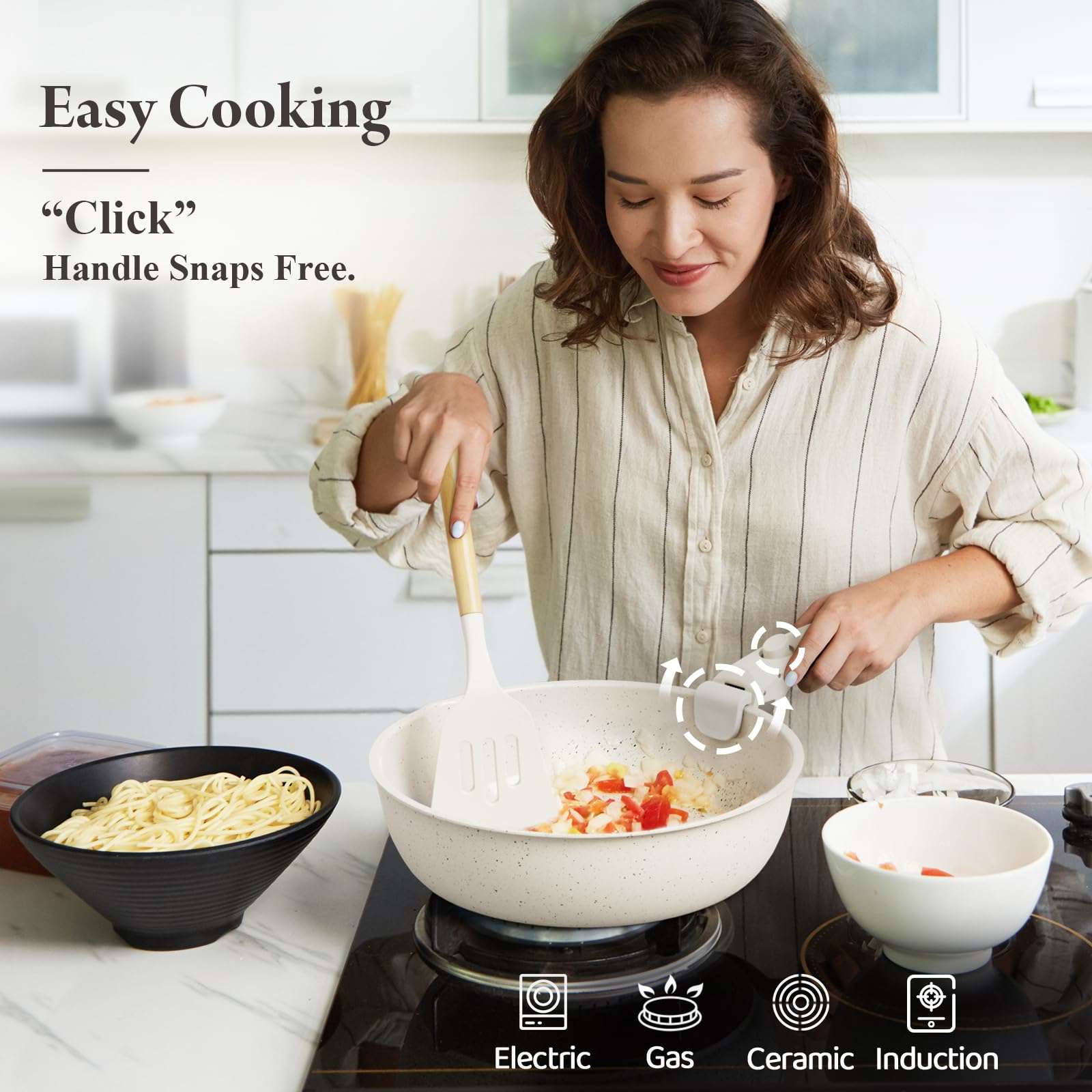 Bazova Ceramic Nonstick Cookware Set, Healthy,Non Toxic,17-Pieces Pots and Pans Set Removable Handles,Induction RV Kitchen Set,Stain & Scratch-resistant,Dishwasher/Oven Safe,PFAS/PFOA Free,Cream White - Image 4
