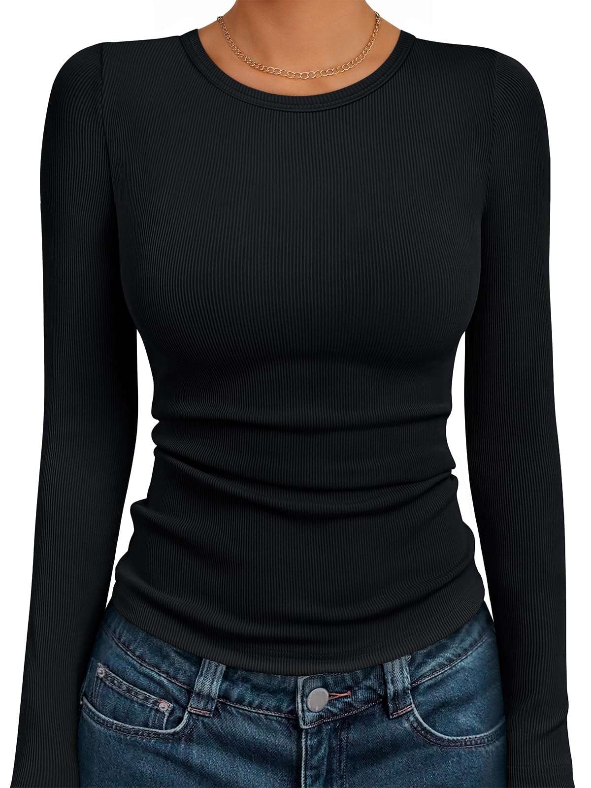 AUTOMET Women's Long Sleeve Blouses Shirts with Ribbed Knit Work Office Basic Tops - Image 1