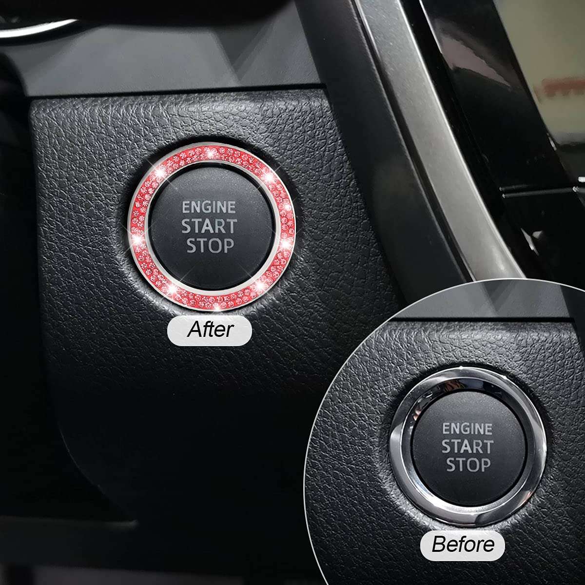 Car Bling Crystal Rhinestone Engine Start Ring Decals, 2 Pack Car Push Start Button Cover/Sticker, Key Ignition Knob Bling Ring, Sparkling Car Interior Accessories for Women (Double Red) - Image 5