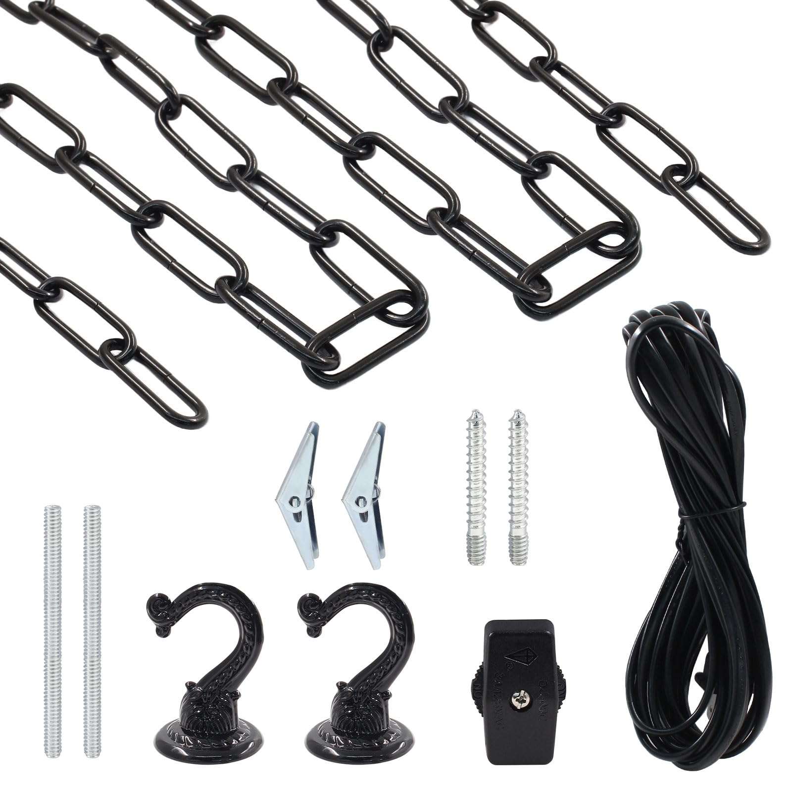 HARSKIYER Swag Light Kit with 15 Ft Chandelier Chain, 15 Ft Light Cord, Switch and 2 Swag Hooks, Black Hanging Lamp Kit for Pendant Light, Ceiling Light and Fan Light - Image 2