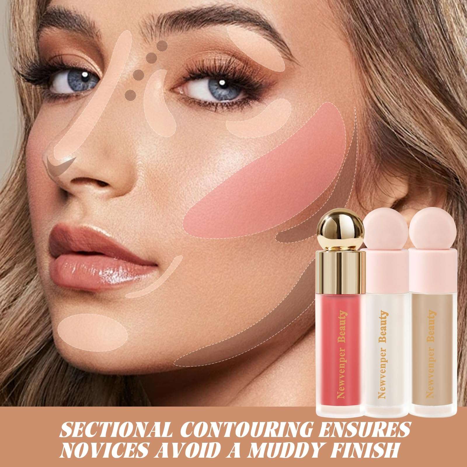 Liquid Contour,Liquid Highlighter, Blush with Face Brush Long Lasting Smooth Lightweight Smudge Proof Contour+ Blush+ Highlighter - Image 7