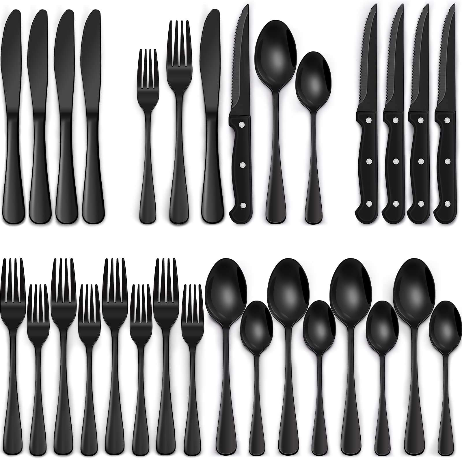 EWFEN 24-Piece Black Silverware Set with Steak Knives, Flatware for 4, Food-Grade Stainless Steel Tableware Cutlery Set, Mirror Finished Utensil Sets Home Restaurant - Image 1