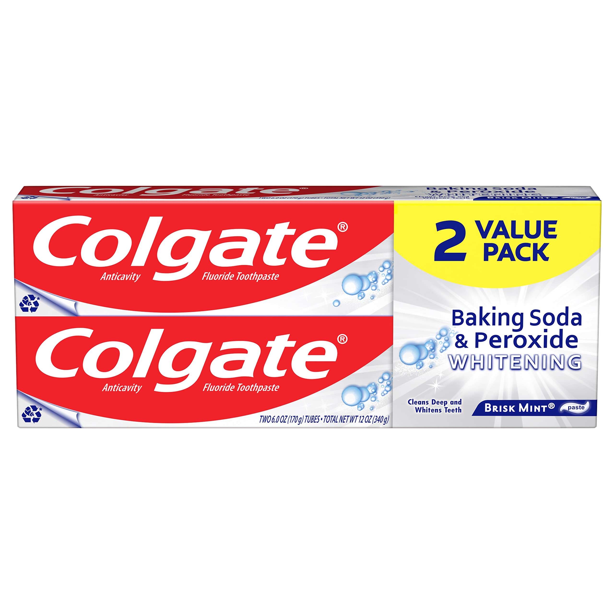 Colgate Baking Soda & Peroxide Toothpaste - Whitens Teeth, Fights Cavities & Removes Stains, Brisk Mint, 6 Ounce (Pack of 2) - Image 1