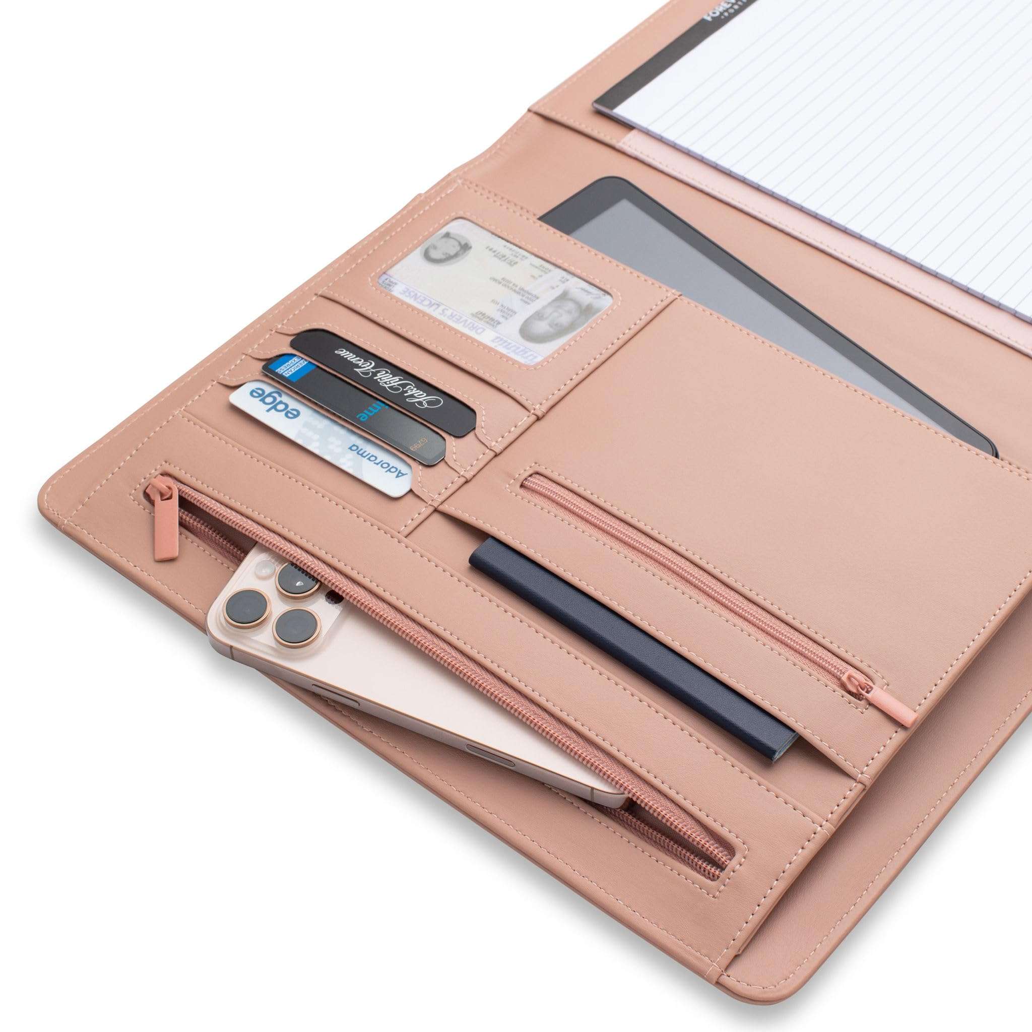 FOREVERMORE PORTFOLIOS Padfolio Binder Organizer for Women | Faux Leather Portfolio Folder for Resume, Documents, Notebook, Tablet and Business Cards | Notepad Included - Pink - Image 3