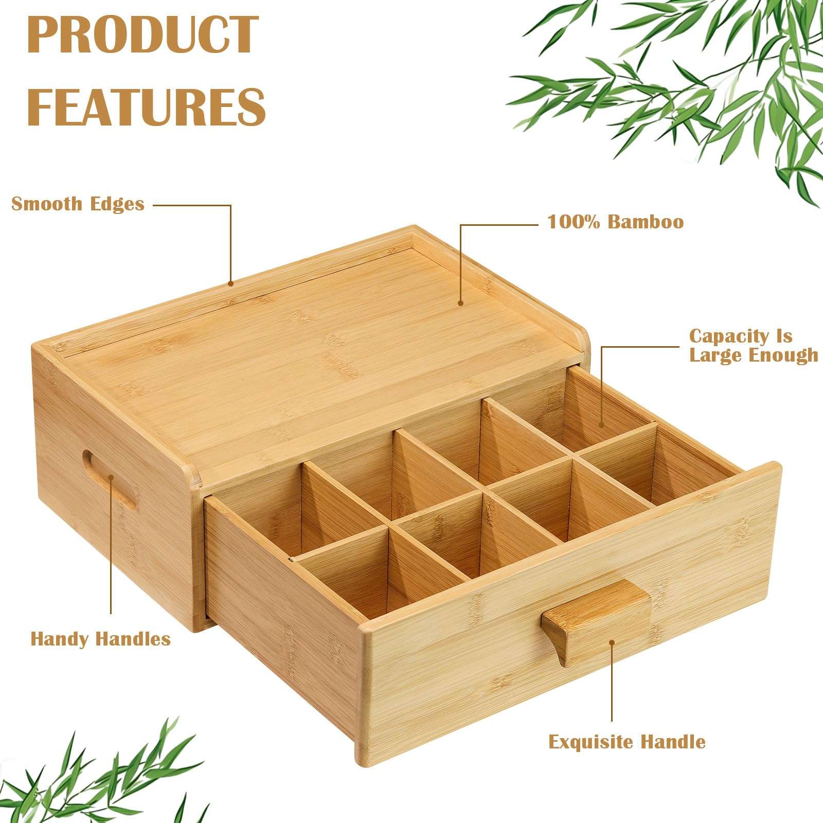 MOCAS Bamboo Tea Bag Organizer, Slide Drawer Storage Box with 8 Compartments, Eco-Friendly Countertop Holder Display for Teabags, Tea Station Chest, Organizador De Te - Image 4