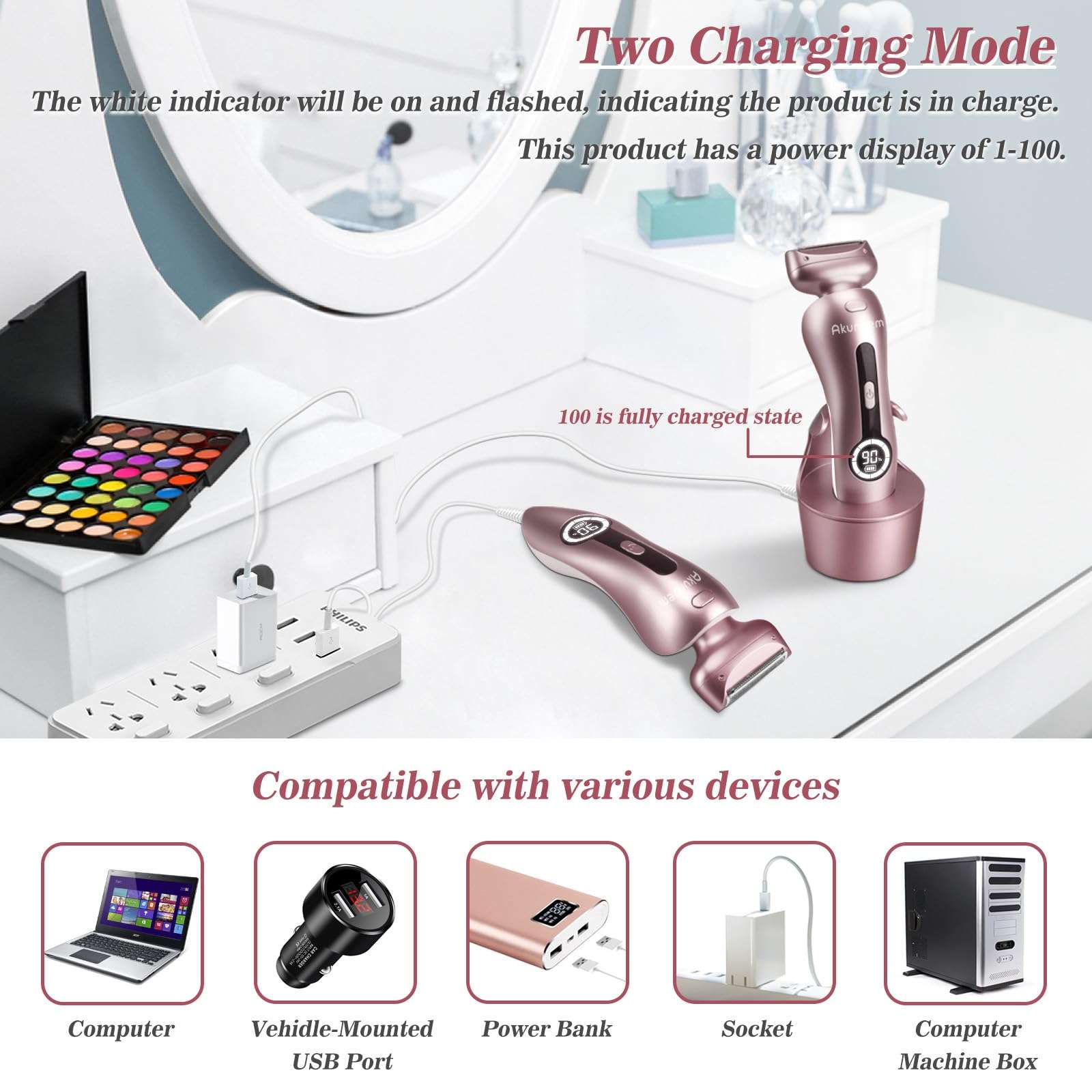 Electric Shaver for Women for Legs Bikini Trimmer Electric Razors for Women Underarm Public Hairs Rechargeable Womens Shaver Wet Dry Use Painless Cordless with Detachable Head (Pink) - Image 6