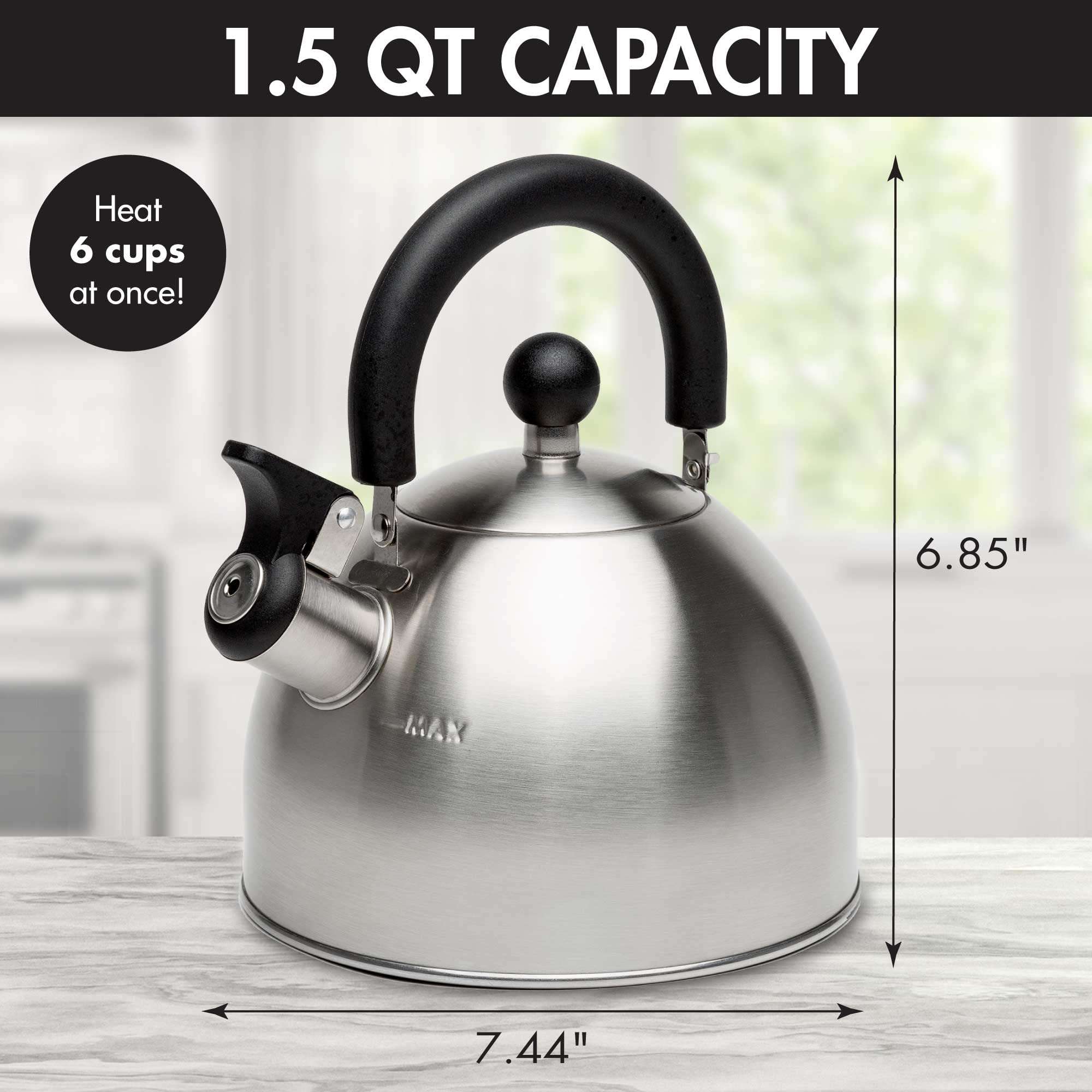 Primula Stewart Whistling Stovetop Tea Kettle Food Grade Stainless Steel, Hot Water Fast to Boil, Cool Touch Folding, 1.5-Quart, Brushed with Black Handle - Image 3