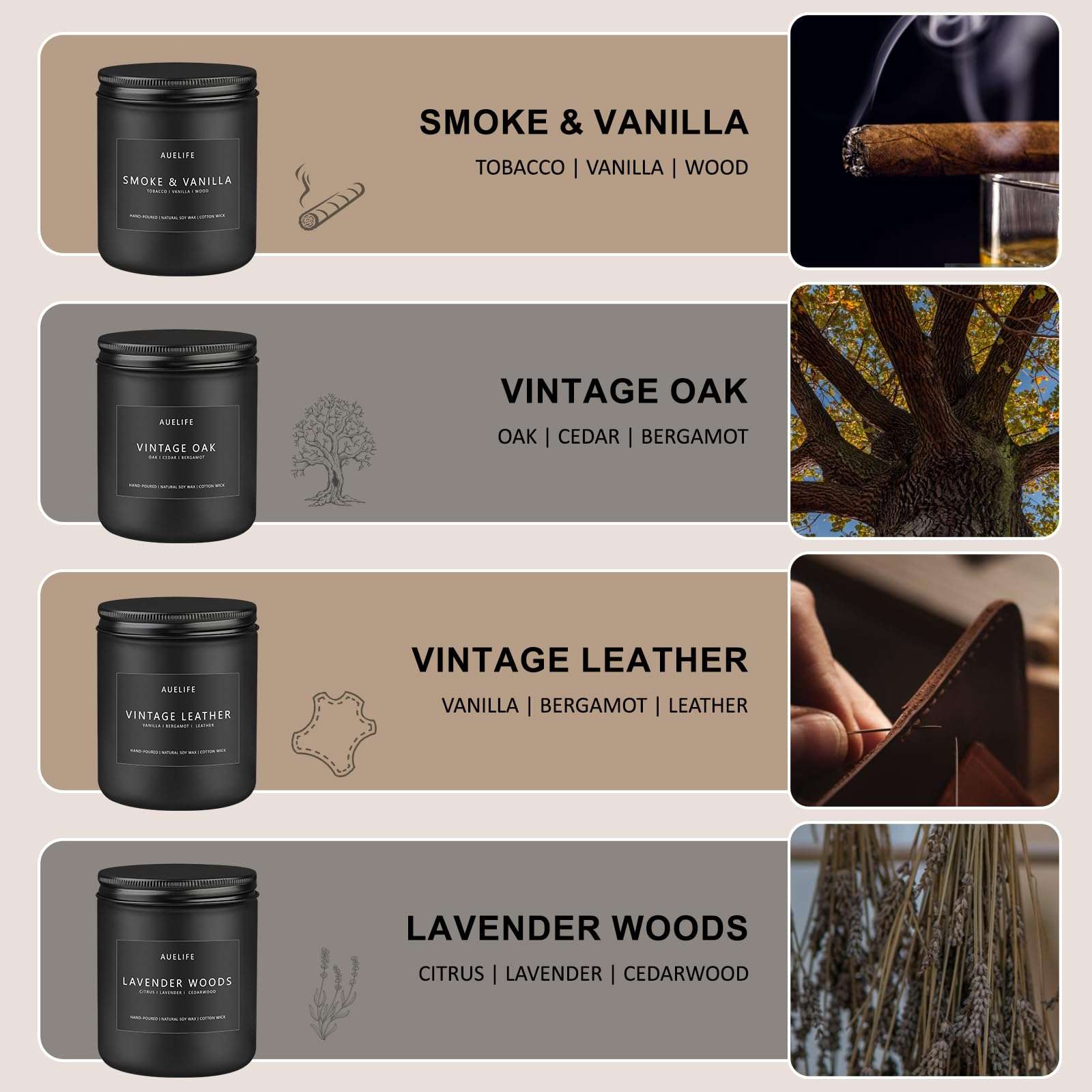 Scented Candles Set | Men Candle Set, Scented Candles for Home, Gifts for Men Aromatherapy Gift Set - 4 Pack Manly Gifts for Dad Fathers Day, Soy Candle of Leather/Smoke & Vanilla/Oak/Lavender - Image 2