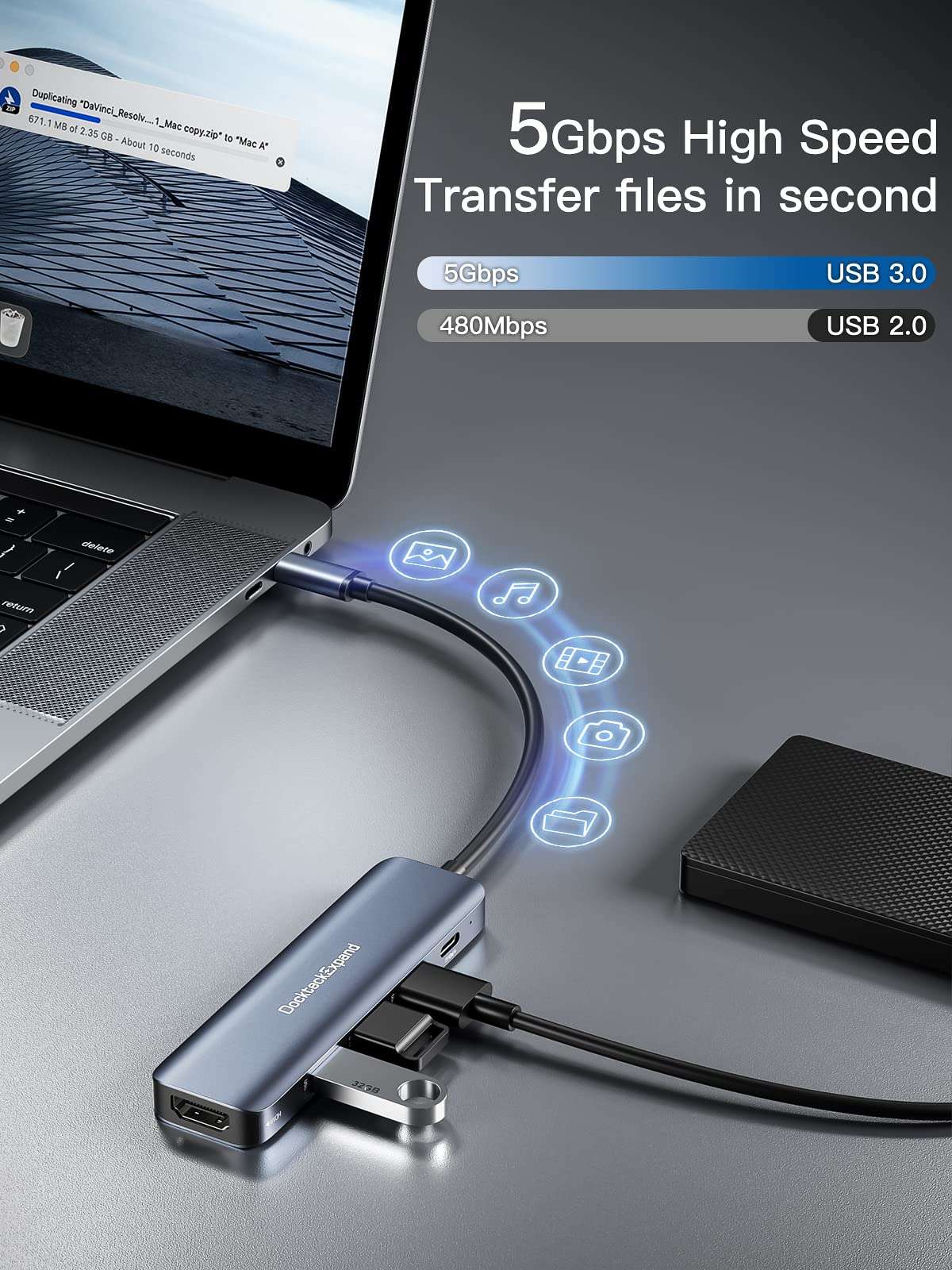 USB C HUB, DockteckExpand USB-C Multiport Adapter 5 in 1 with 4K HDMI, 100W Power Delivery, 3 USB 3.0 Data Ports for MacBook Pro/Air, iPad Pro/Air/Mini 6 and More - Image 5