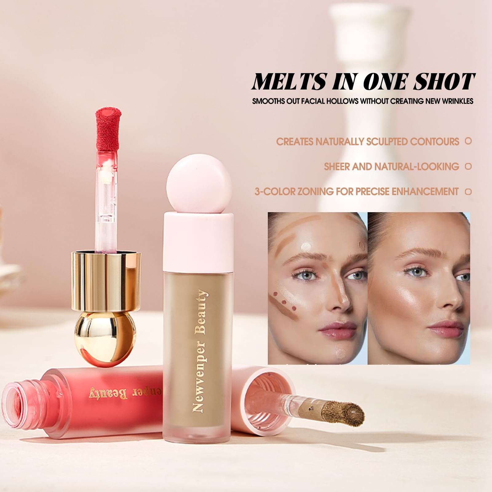 Liquid Contour,Liquid Highlighter, Blush with Face Brush Long Lasting Smooth Lightweight Smudge Proof Contour+ Blush+ Highlighter - Image 8