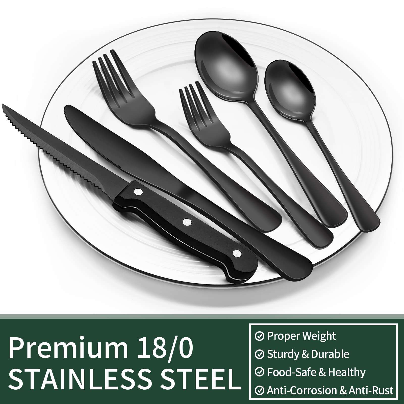 EWFEN 24-Piece Black Silverware Set with Steak Knives, Flatware for 4, Food-Grade Stainless Steel Tableware Cutlery Set, Mirror Finished Utensil Sets Home Restaurant - Image 5