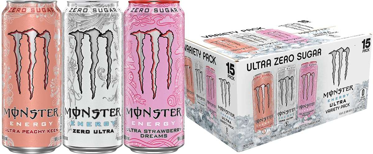 Monster Energy Ultra Variety Pack, Zero Ultra, Ultra Peachy Keen, Ultra Strawberry Dreams, Sugar Free Energy Drink, 16 Ounce (Pack of 15) - Image 1