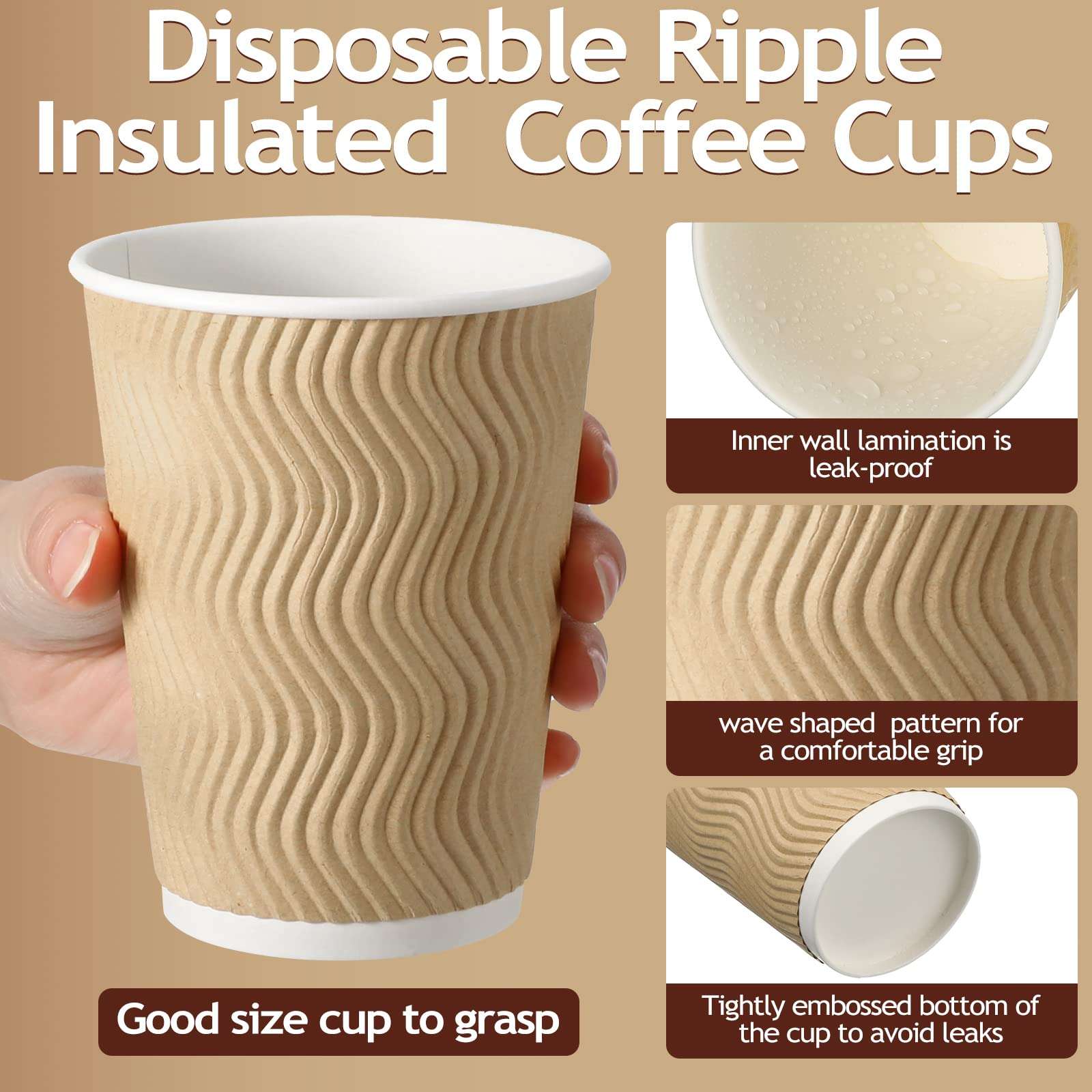 Foaincore 200 Pack 12 oz Brown Paper Cups, Disposable Ripple Insulated Hot Beverage Cups for Coffee, Tea, Hot Chocolate, Cold Drinks, Party & Events - Image 4
