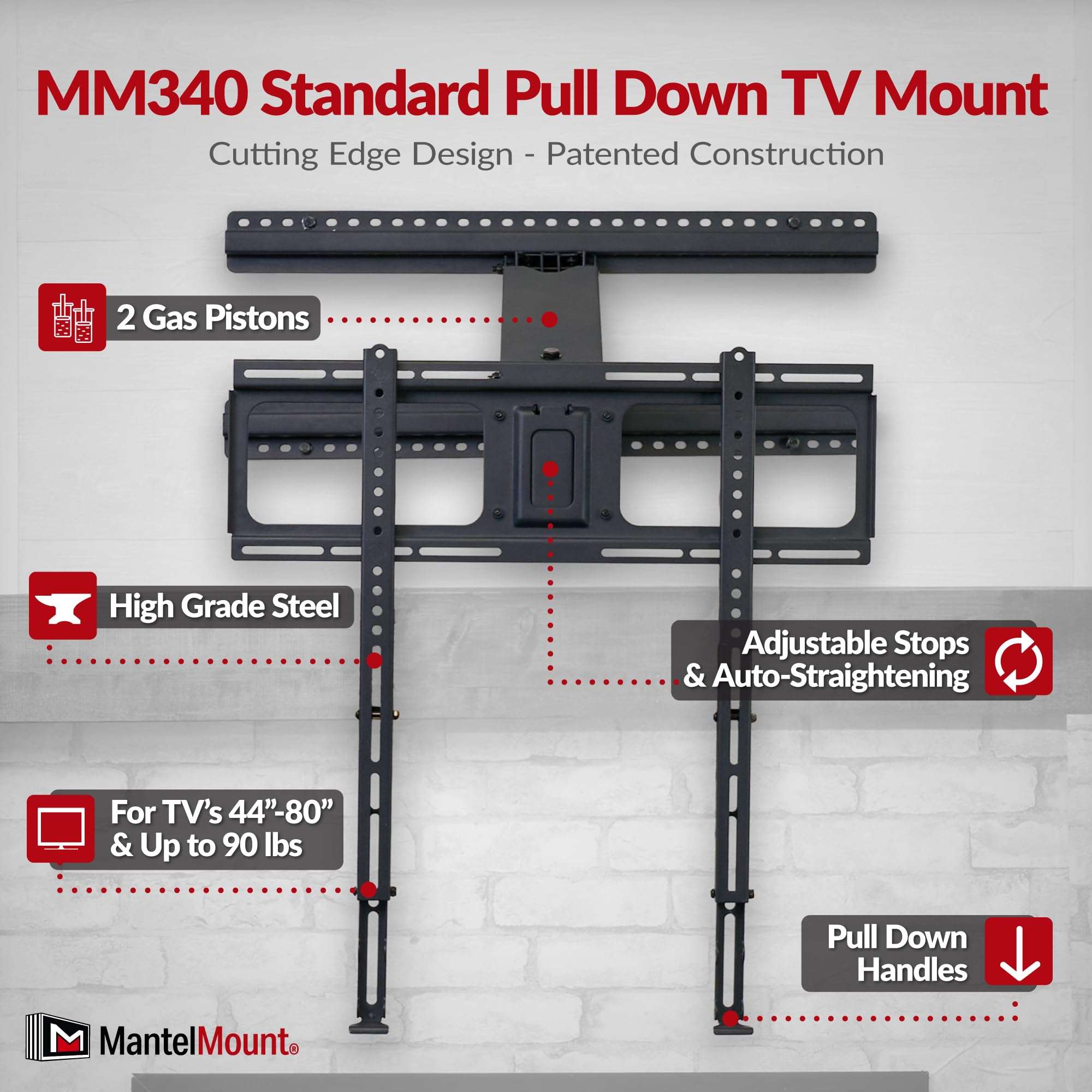 MantelMount- MM340 Above Fireplace Pull Down TV Mount- Televisions 44" to 80" Up to 90 lbs - Safe Auto-Adjusting TV Mounts - Patented Motion Stops, Handles, Balancing Technology - Superior Steel - Image 5