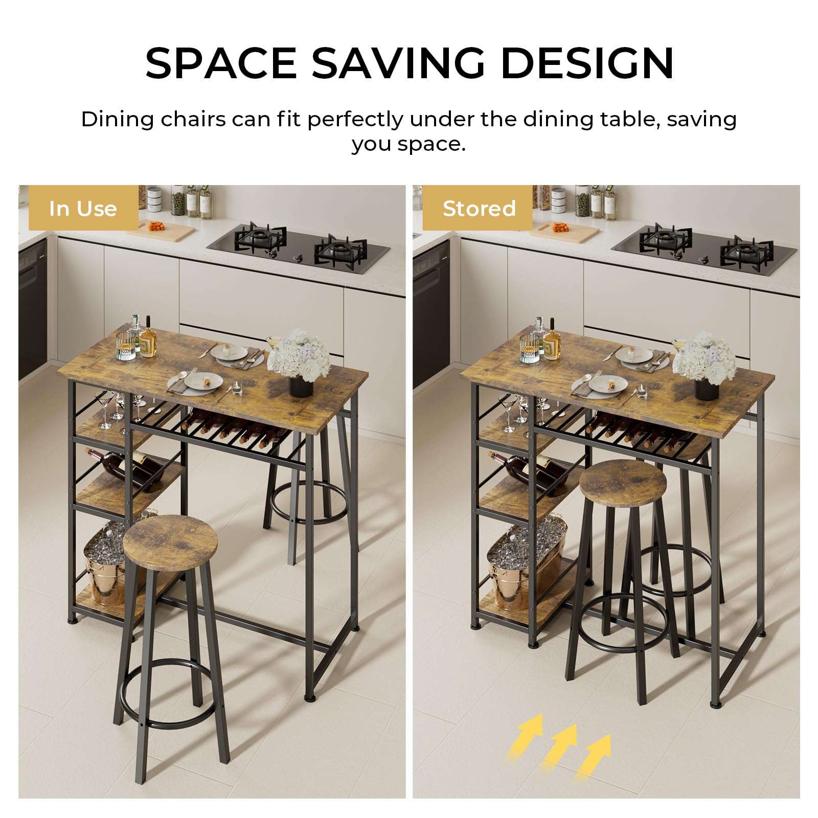 COMHOMA Dining Table Set for 2, Counter Height Kitchen Table and Chairs with Storage Shelves & Wine Rack, Bar Table Set with 2 Bar Stools, 3 Piece Dining Room Table Set for Small Space, Retro Brown - Image 6