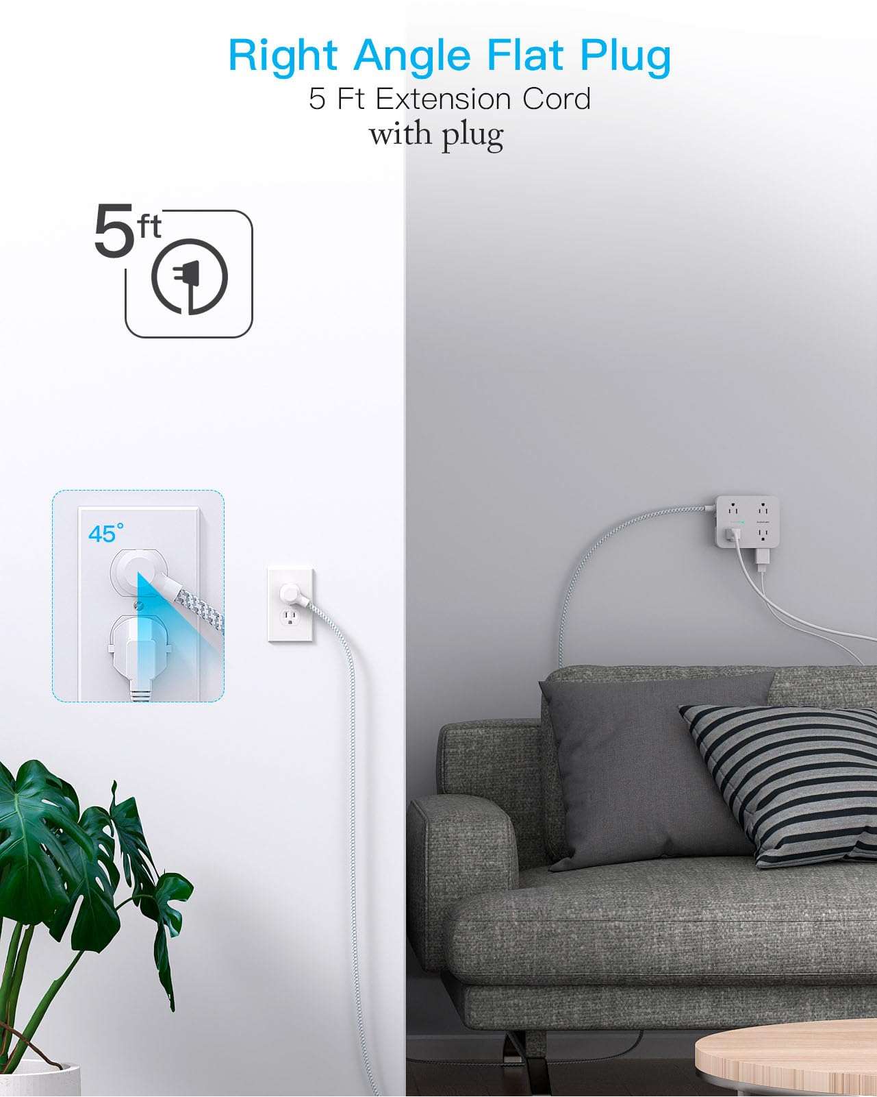 Surge Protector Power Strip - HANYCONY 8 Outlets 4 USB (2 USB C) Charging Ports, Multi Plug Outlet Extender, 5Ft Braided Extension Cord, Flat Plug Wall Mount Desk Charging Station for Home Office ETL - Image 7
