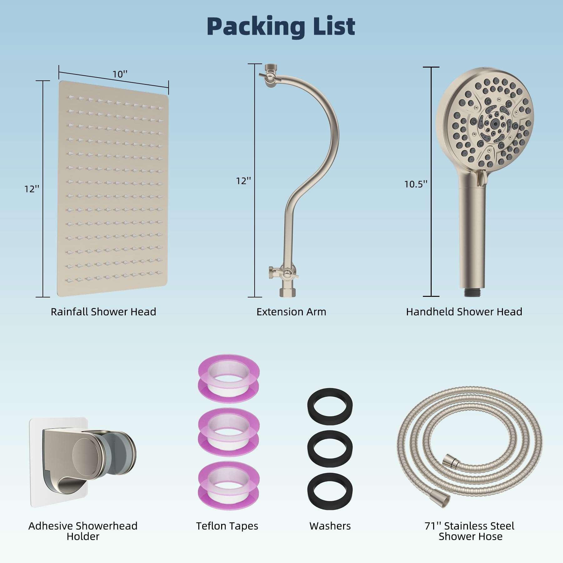 Hibbent 12'' All Metal Shower Head, High Pressure Rainfall Shower Head/Handheld Showerhead Combo/ 12'' Adjustable Curved Shower Extension Arm, 10-Spray, 71'' Adhesive Showerhead Holder, Brushed Nickel - Image 3