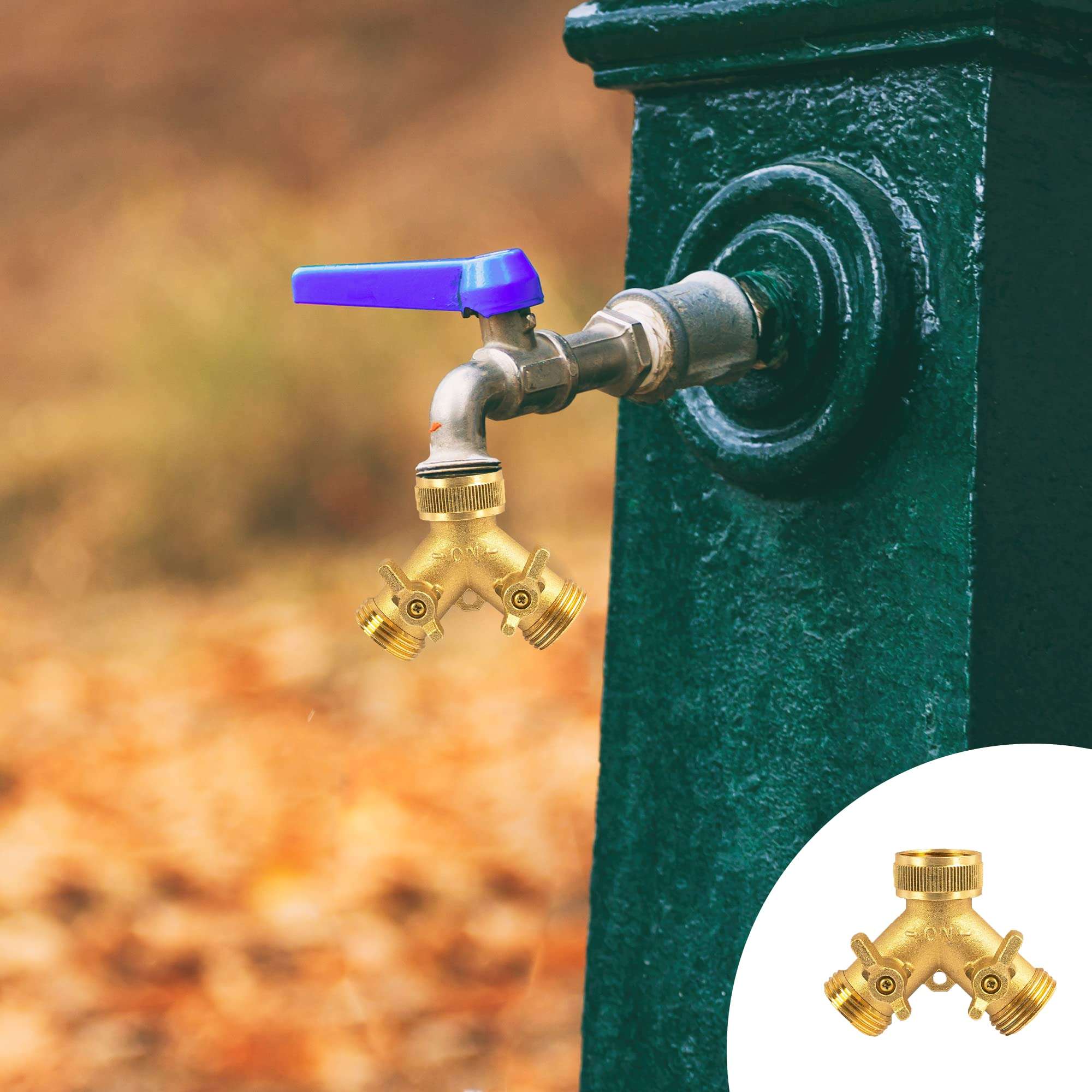 Hourleey Brass Garden Hose Splitter (2 Way), Solid Brass Hose Y Splitter 2 Valves with 2 Extra Rubber Washers (Brass) - Image 6