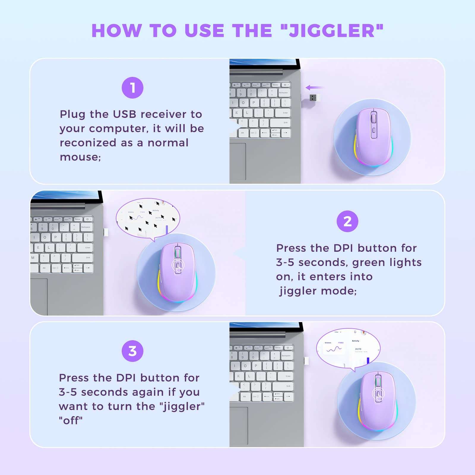 Wireless Mouse Jiggler - LED Wireless Mice with Build-in Mouse Mover, Rechargeable Moving Mouse for Laptop with Undetectable Random Movement Keeps Computers Awake - Purple - Image 2