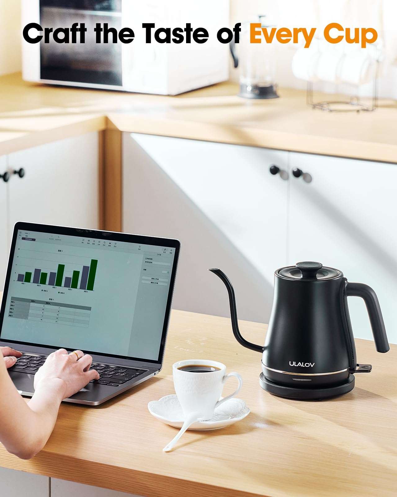 Ulalov Electric Kettle 1L Gooseneck Water Kettle Quick Heating for Pour Over Coffee & Tea, Stainless Steel Hot Water Boiler with Auto Shut-Off, Boil Dry Protection, Matte Black,1200W - Image 2