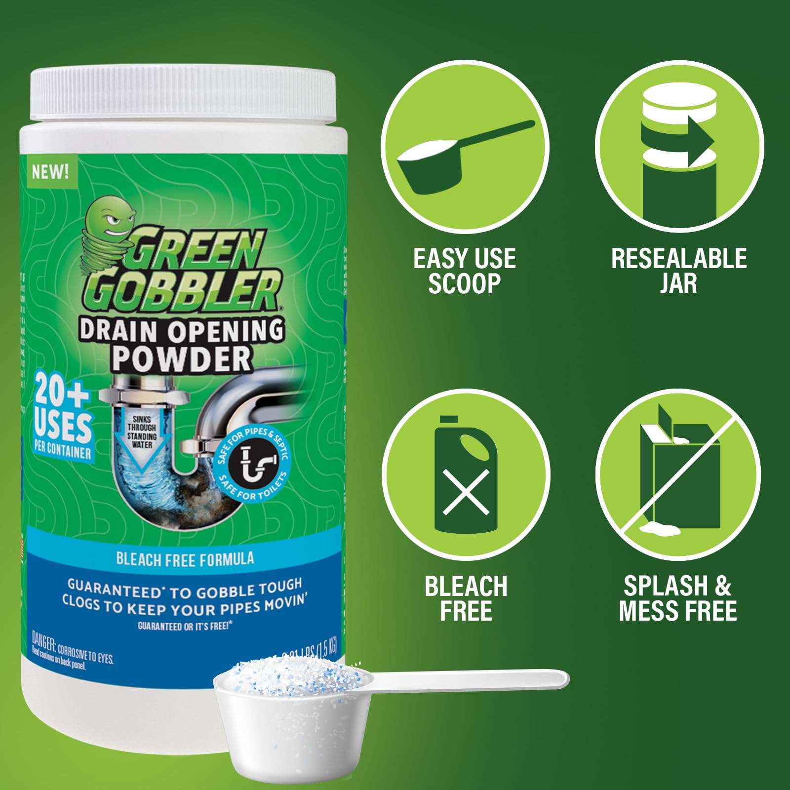 Green Gobbler Drain Clog Remover & Drain Cleaner Powder, 20+ Treatments, Maintenance Breaks Down Grease, Paper, Fat & Oil, Septic Safe - Image 4