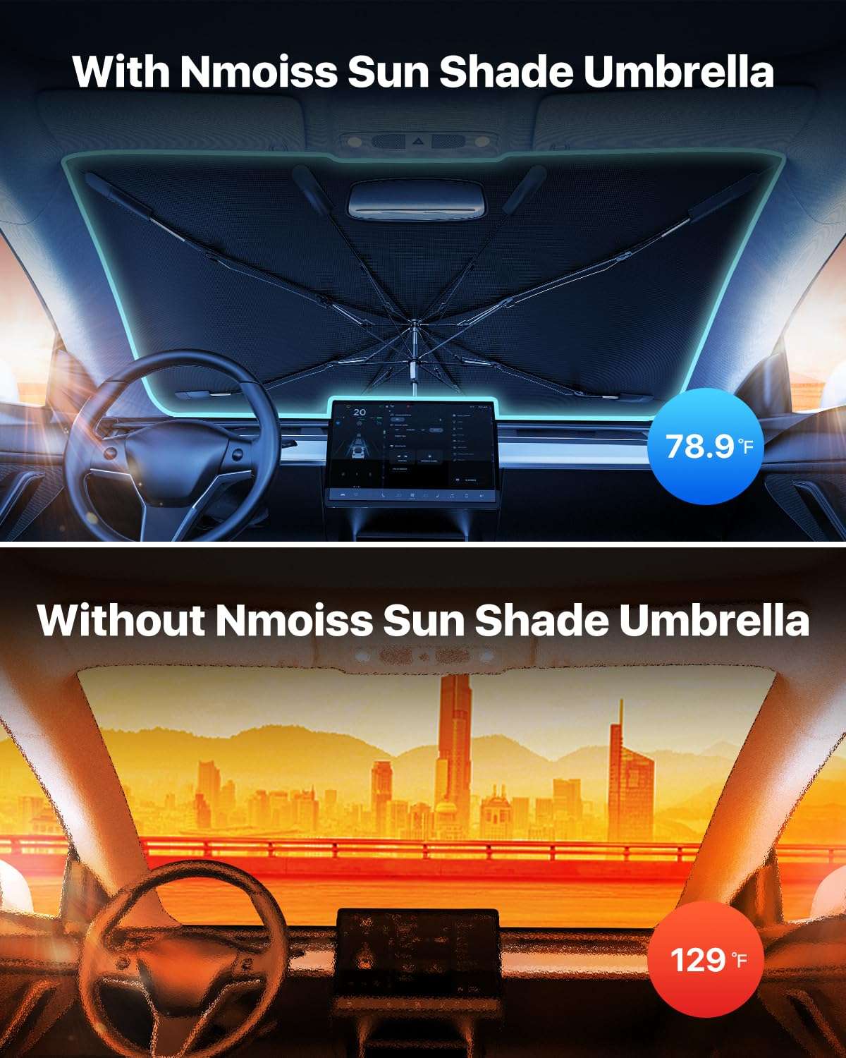 [2025 Upgrade] Nmoiss Windshield Sun Shade Umbrella - [Vinyl Coating Heat Shield] Protect Car from Sun Rays & Heat Damage Keep Cool and Protect Interior, Spring Structure Edge Medium 56" L x 31" W - Image 2
