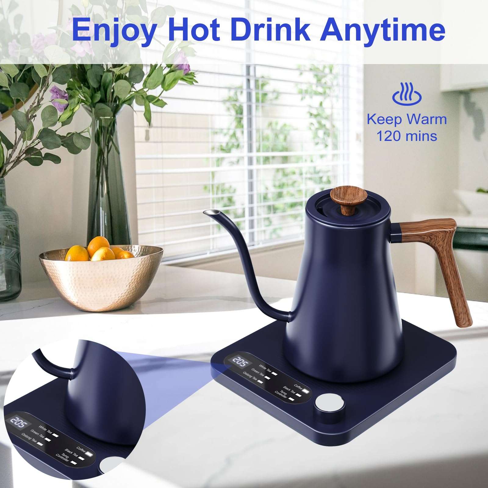 Gooseneck Electric Kettle - 1200W Quick Boil, Temp Control with 5 Presets & ±5℉ Adjustment, Accurate Pouring, 24oz Small Pour Over Coffee & Tea Kettle, 2H Auto Keep Warm, Stainless Steel, Blue - Image 5