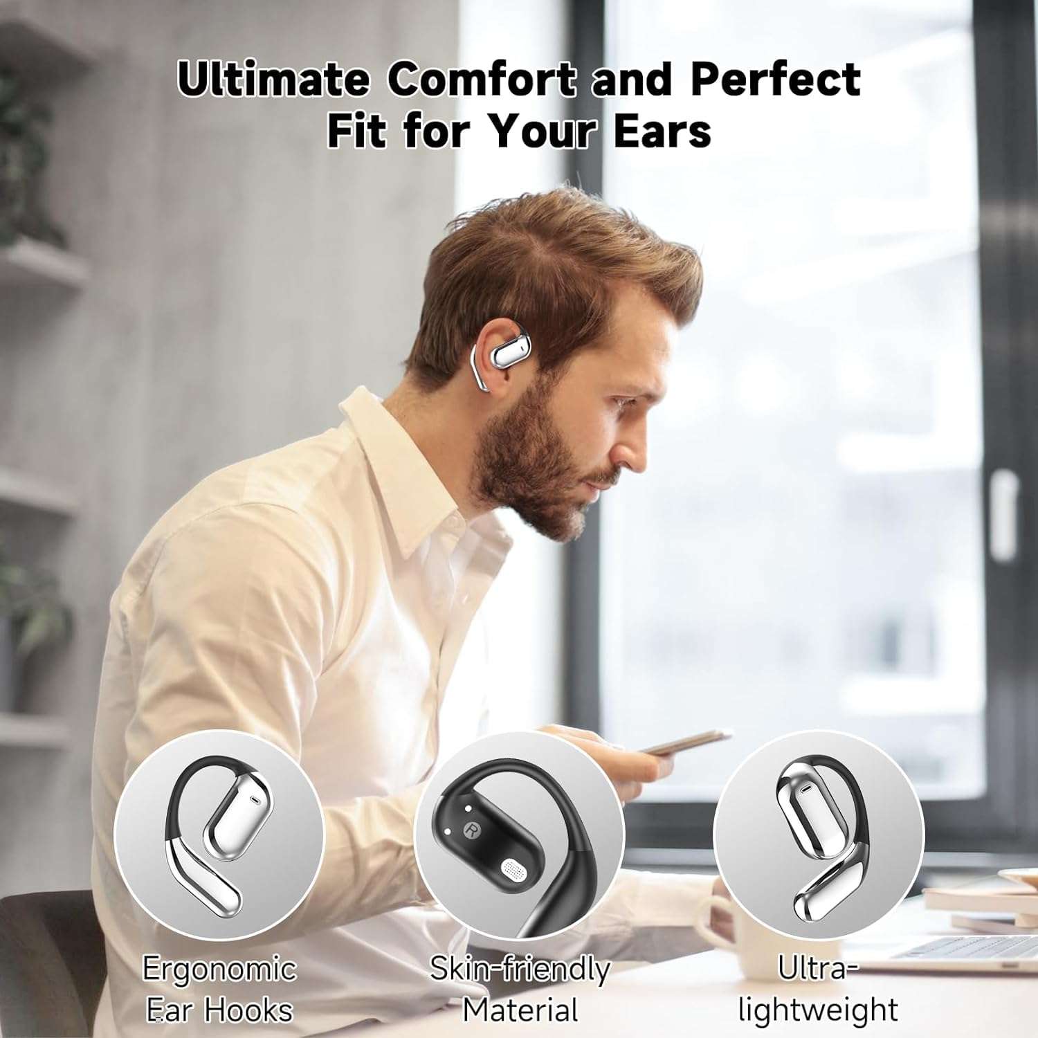 Open Ear Bone Conduction Bluetooth 5.4 Headphones,Wireless Earbuds Built-in Mic Sport Over Earphones with Comfort Ear Hooks LED Display Charging Case,Waterproof IPX7 Headset for Running Fitness,Black1 - Image 4