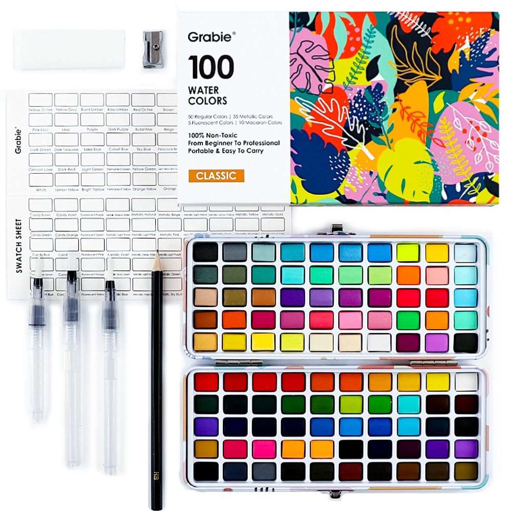 Grabie 100 Colors Watercolor Paint Set - 50 Regular, 35 Metallic, 10 Macaron and 5 Fluorescent Colors - Portable with Carrying Case, Water Brush Pens, and Accessories - For Beginners and Professionals - Image 1
