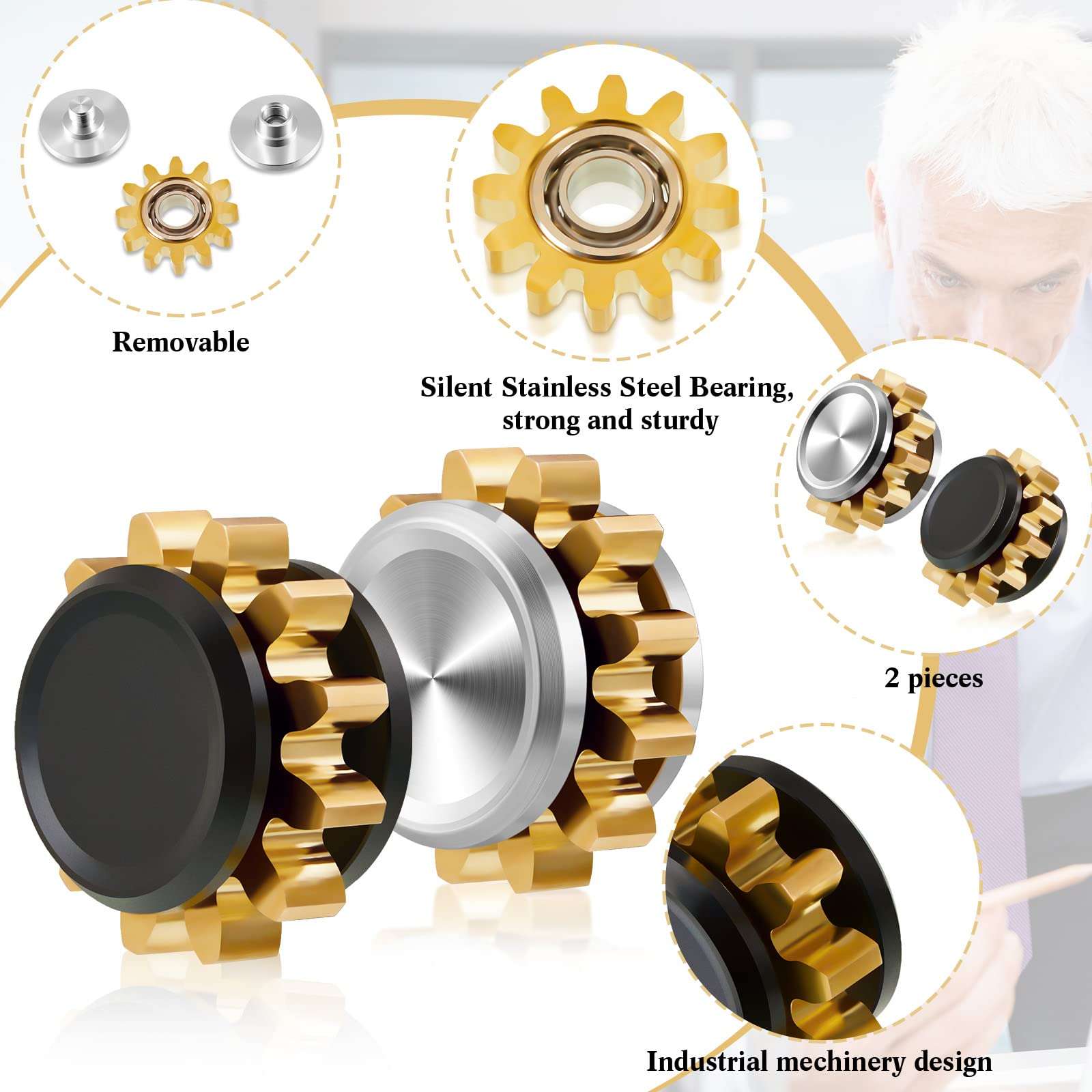 2 Pieces Copper Gear Metal Spinner Toy Small Fidget Toy Solid Metal Brass Gear Mini Steel Bearing for Adults Copper Design Boredom Killing Time Toys(Black, Silver, Gold) - Image 4