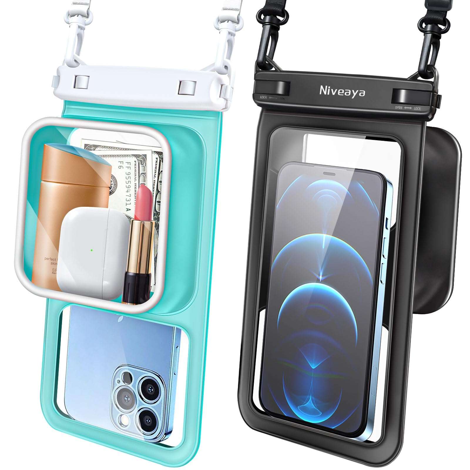 Niveaya 2 Pack IPX8 Waterproof Phone Pouch, Large Space Floating | Water Proof Phone Case with Lanyard | Phone Dry Bag | Beach Cruise Ship Essentials | Up to 8.5" - Image 1