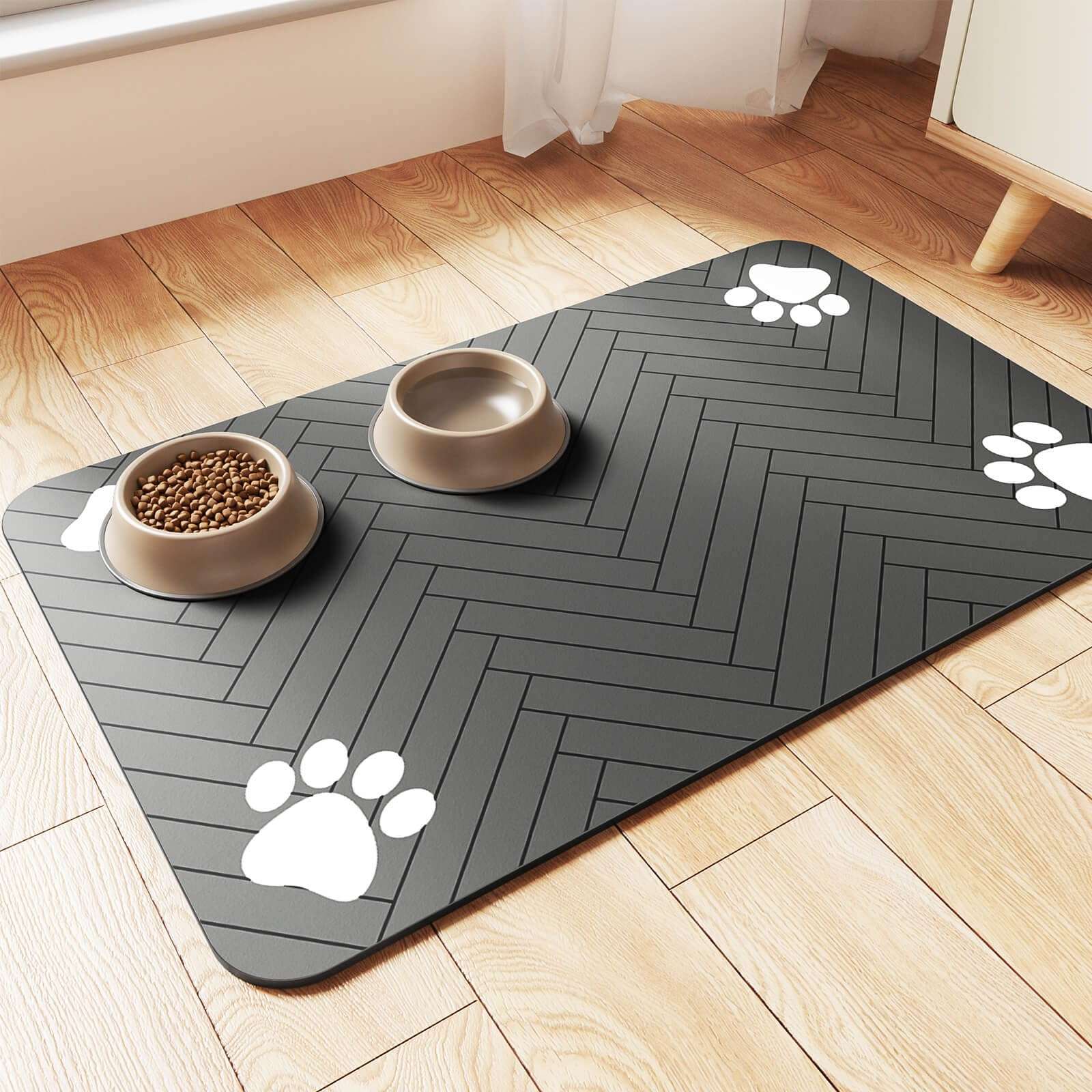 Pet Feeding Mat-Absorbent Pet Placemat for Food and Water Bowl, with Waterproof Rubber Backing, Quick Dry Water Dispenser Mat for Dog and Cat (12"x20", Striped Dark Gray) - Image 1