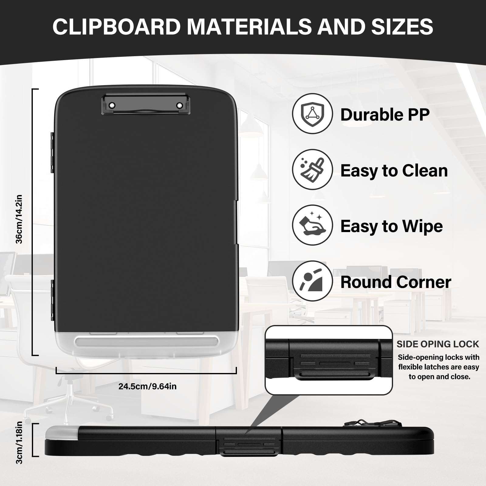 YEAHVIY Clipboard with Storage, Large Capacity Nursing Clipboards with Low Profile Clip, Heavy Duty Plastic Storage Clipboard with Pen Holder, Side-Opening (Black with Black Clip) - Image 4