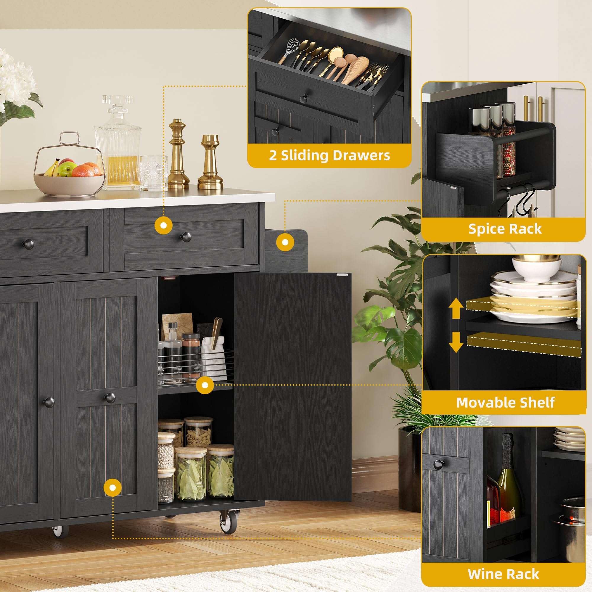 DWVO Kitchen Island on Wheels, Mobile Kitchen Island Cart with Folding Drop Leaf Breakfast Bar, Island Table for Kitchen with Large Storage Cabinets, Racks, Drawers and Adjustable Shelves, Black - Image 6