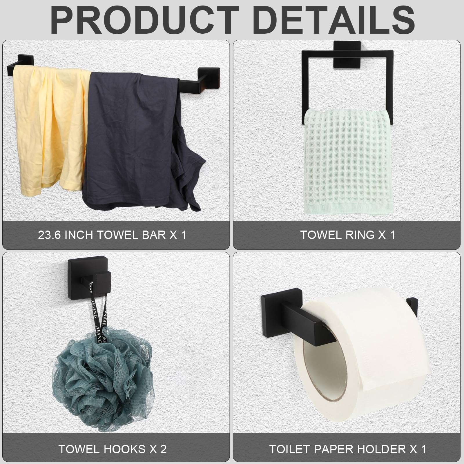 Gisafai 5 Pcs Bathroom Hardware Accessories Set 23.6 Inch Bath Towel Bar Kit Stainless Steel Bathroom Hardware Set Towel Racks Ring Hooks Paper Holder for Wall Mounted (Black) - Image 3