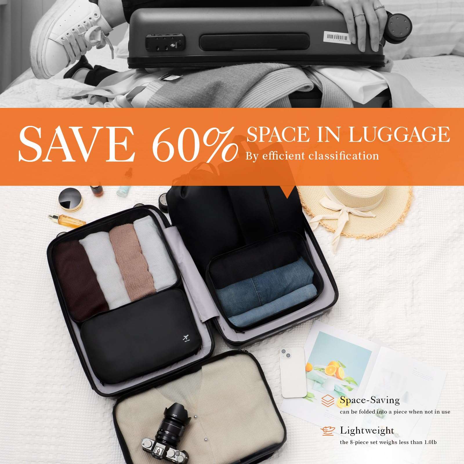 HOTOR Packing Cubes for Suitcases - 8 Pieces, Light Packing Cubes for Travel, Premium Suitcase Organizer Bags Set, Space-Saving Luggage Organizers, Travel Accessories and Essentials, Black - Image 5