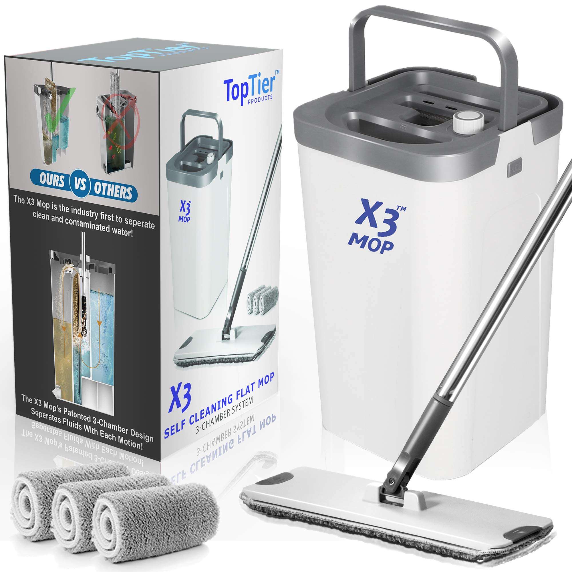 X3 Mop, Separates Dirty and Clean Water, 3-Chamber Design, Flat Mop and Bucket Set, Hands Free Home Floor Cleaning, 3 Reusable Microfiber Mop Pads Included - Image 1